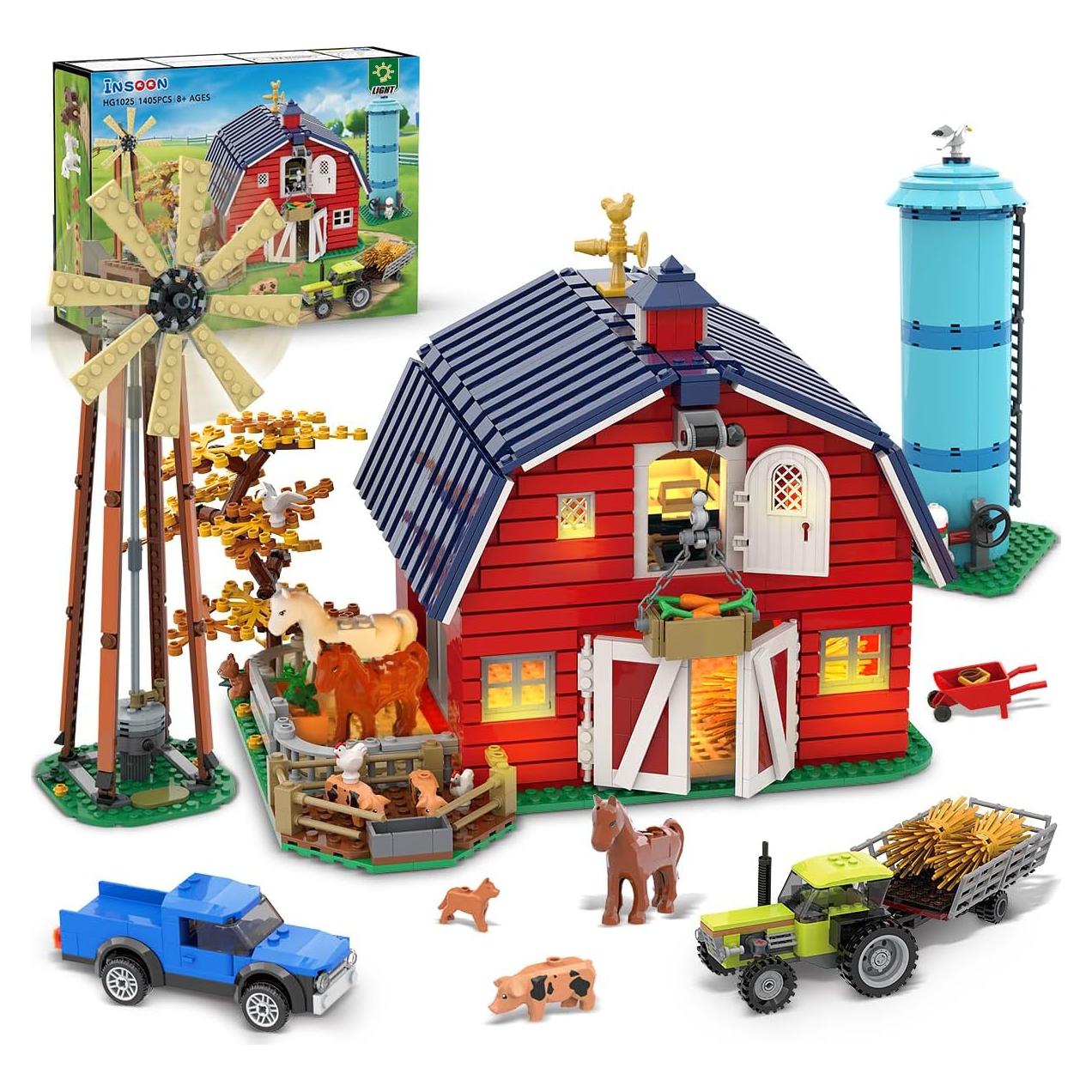 Farm Barn Building Set with LED, Western Farm House Building Block with Windmill Tractor Horse Animals 1405 PCS, Big Barn Construction Toy Brick Kit for Adults Teens Boys Girls 10-12+