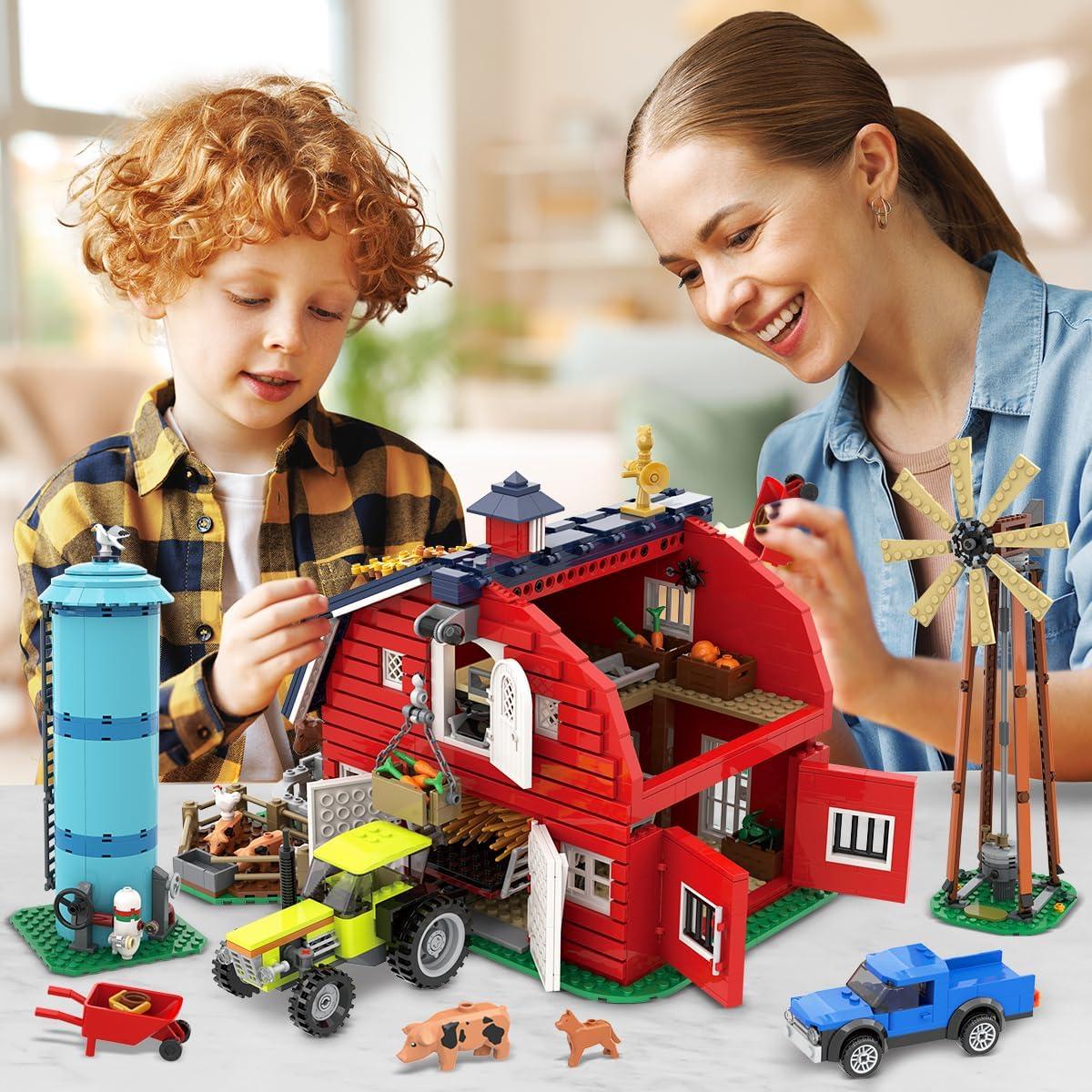 Farm Barn Building Set with LED, Western Farm House Building Block with Windmill Tractor Horse Animals 1405 PCS, Big Barn Construction Toy Brick Kit for Adults Teens Boys Girls 10-12+