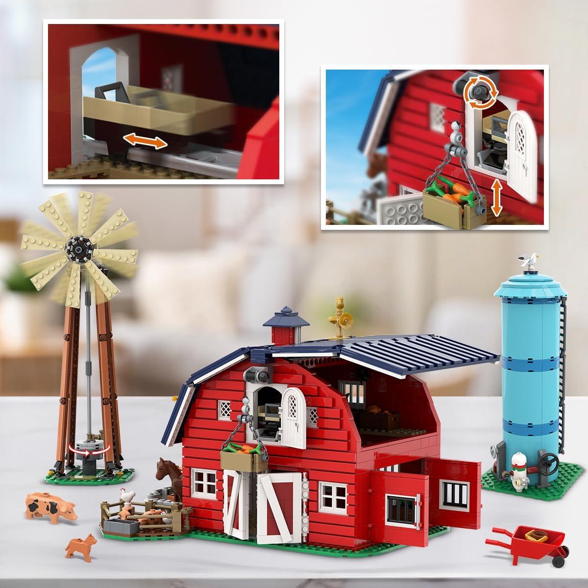 Farm Barn Building Set with LED, Western Farm House Building Block with Windmill Tractor Horse Animals 1405 PCS, Big Barn Construction Toy Brick Kit for Adults Teens Boys Girls 10-12+