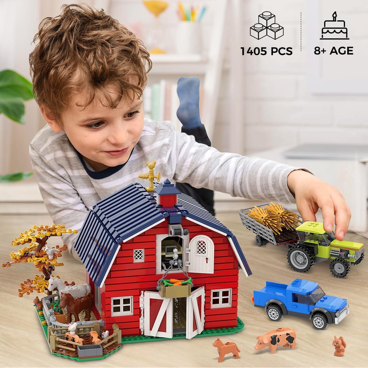 Farm Barn Building Set with LED, Western Farm House Building Block with Windmill Tractor Horse Animals 1405 PCS, Big Barn Construction Toy Brick Kit for Adults Teens Boys Girls 10-12+