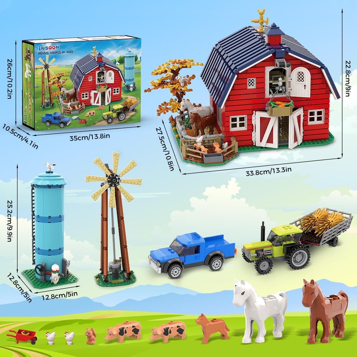 Farm Barn Building Set with LED, Western Farm House Building Block with Windmill Tractor Horse Animals 1405 PCS, Big Barn Construction Toy Brick Kit for Adults Teens Boys Girls 10-12+