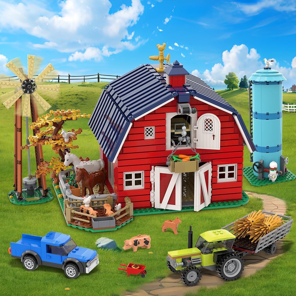Farm Barn Building Set with LED, Western Farm House Building Block with Windmill Tractor Horse Animals 1405 PCS, Big Barn Construction Toy Brick Kit for Adults Teens Boys Girls 10-12+