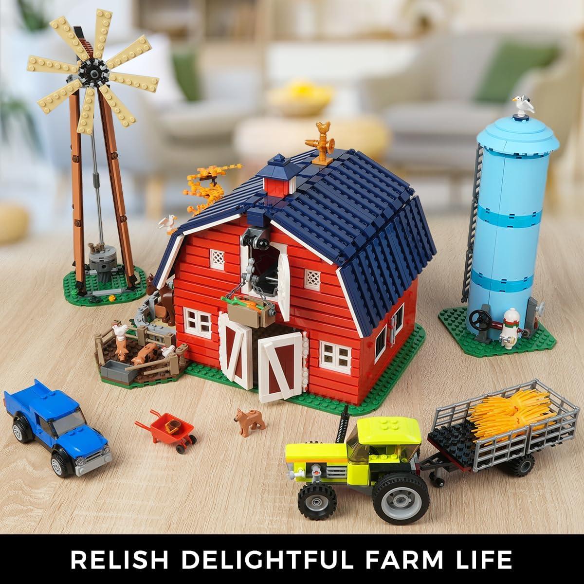 Farm Barn Building Set with LED, Western Farm House Building Block with Windmill Tractor Horse Animals 1405 PCS, Big Barn Construction Toy Brick Kit for Adults Teens Boys Girls 10-12+