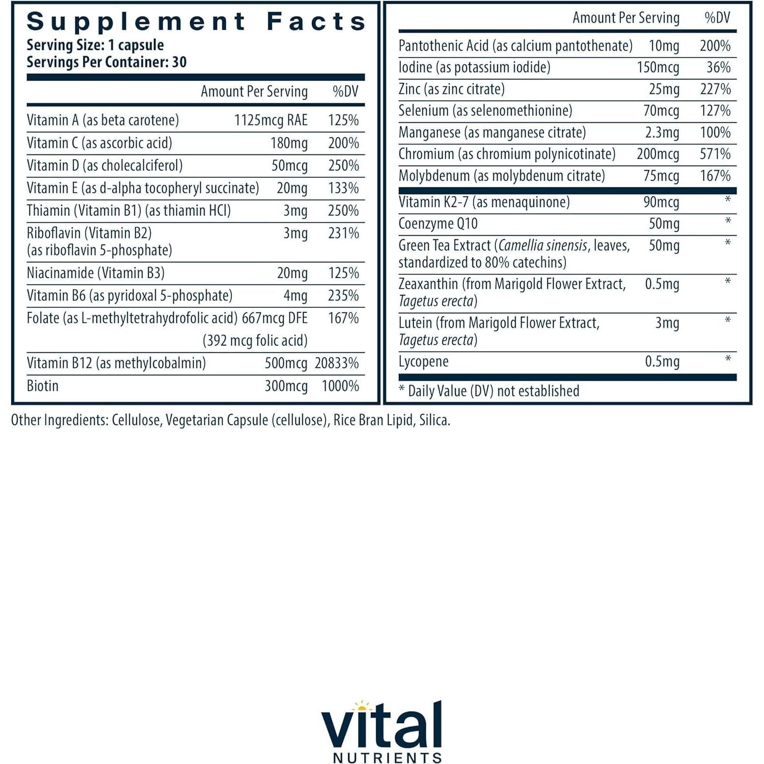 Multivitamínico Vegano Vital Nutrients 30 Cápsulas - Salud Ocular y Cardiaca
