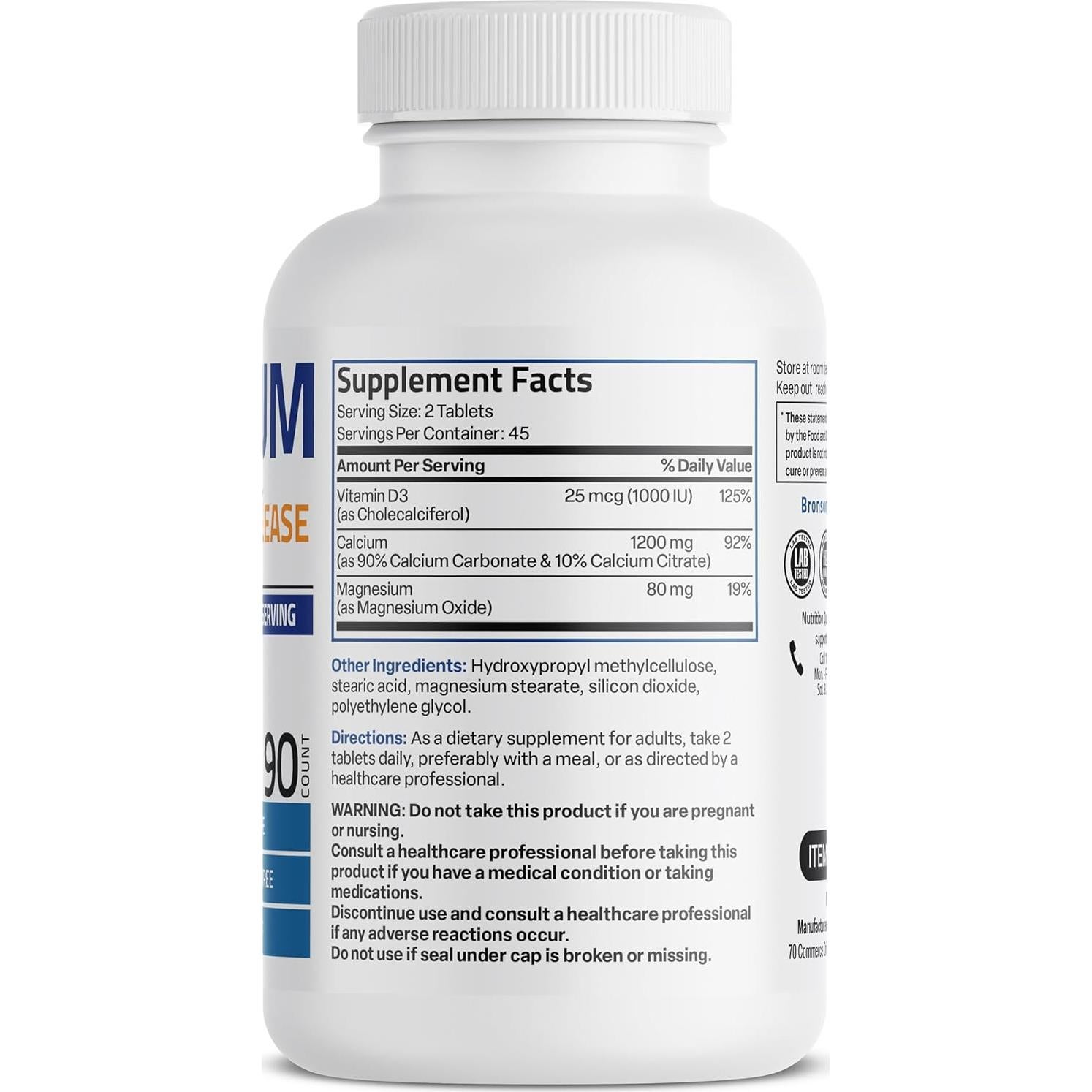 Tabletas de Calcio Bronson 1200 MG con Vitamina D3 1000 IU