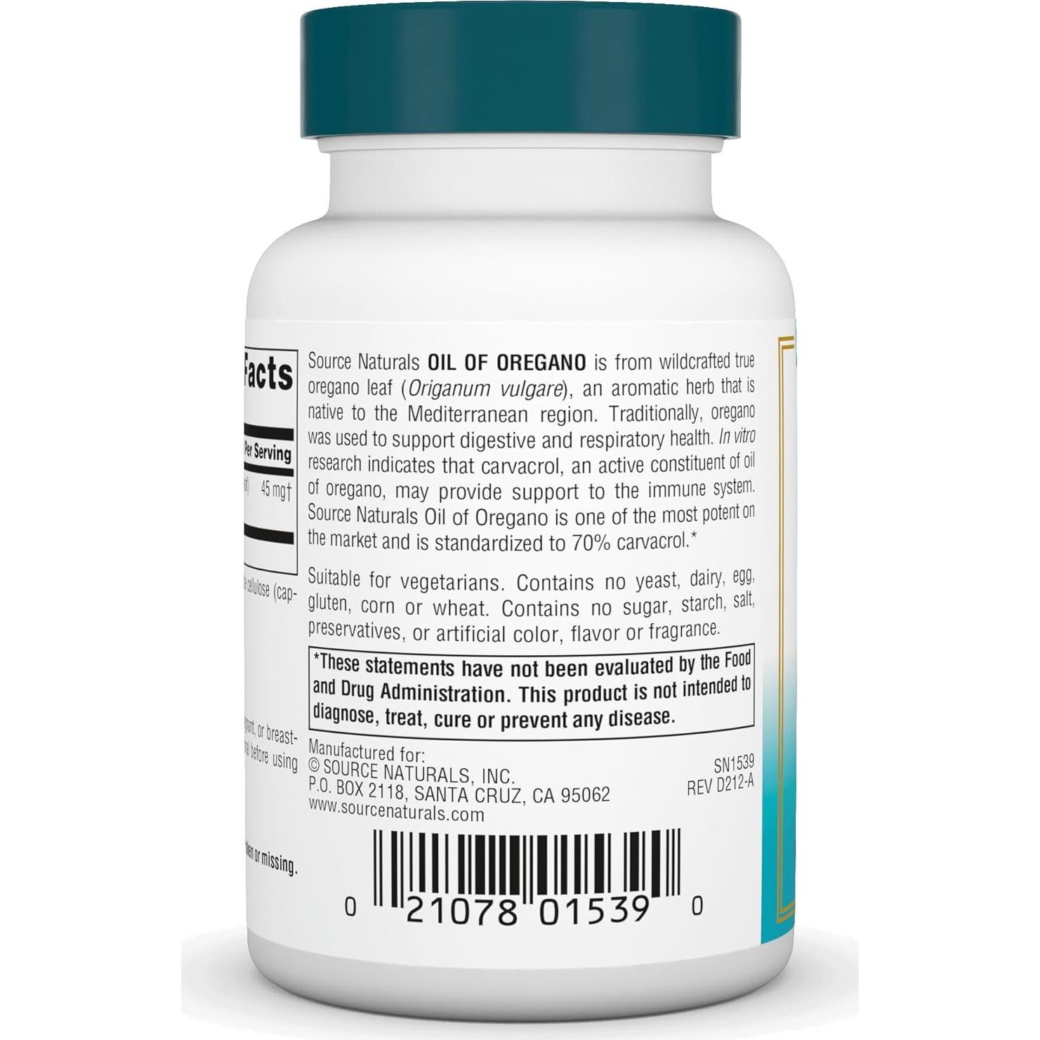 Aceite de Orégano Wellness Source Naturals 60 Cápsulas Vegetarianas