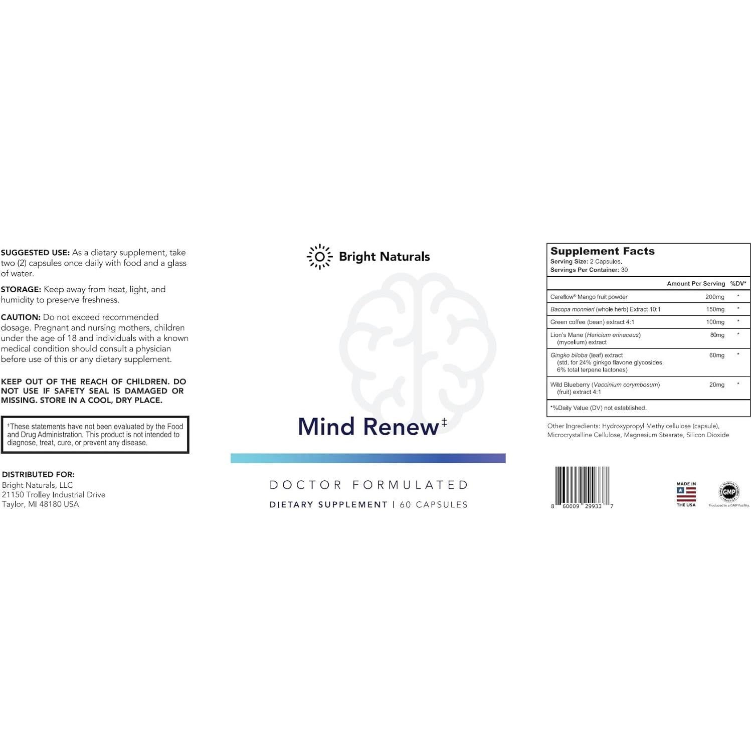 Mind Renew Suplemento Cerebral Bright Naturals 60 Cápsulas