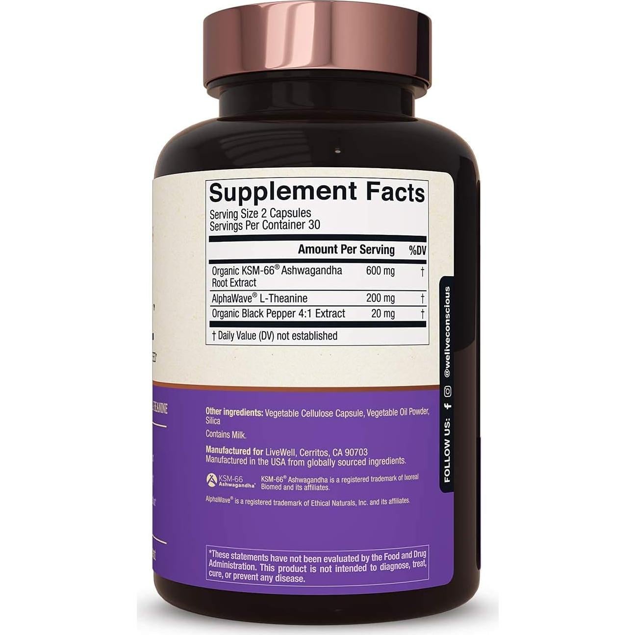 Suplemento Ashwagandha KSM-66 Live Conscious 60 Cápsulas