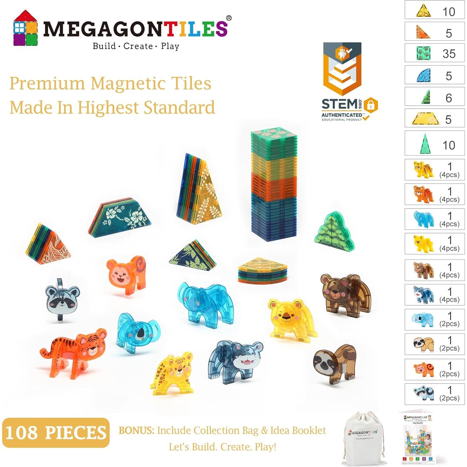 Juego de 108 Piezas Azulejos Magnéticos Animales MEGAGONTILES