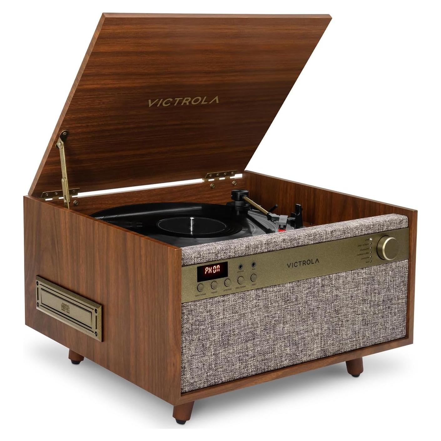 Centro Musical Victrola Century 6-en-1 Nuez - Tocadiscos, Bluetooth, CD, Casete