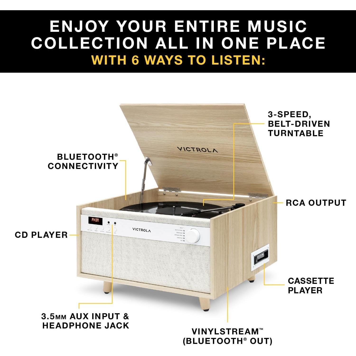 Centro Musical Victrola Century 6-en-1 Nuez - Tocadiscos, Bluetooth, CD, Casete