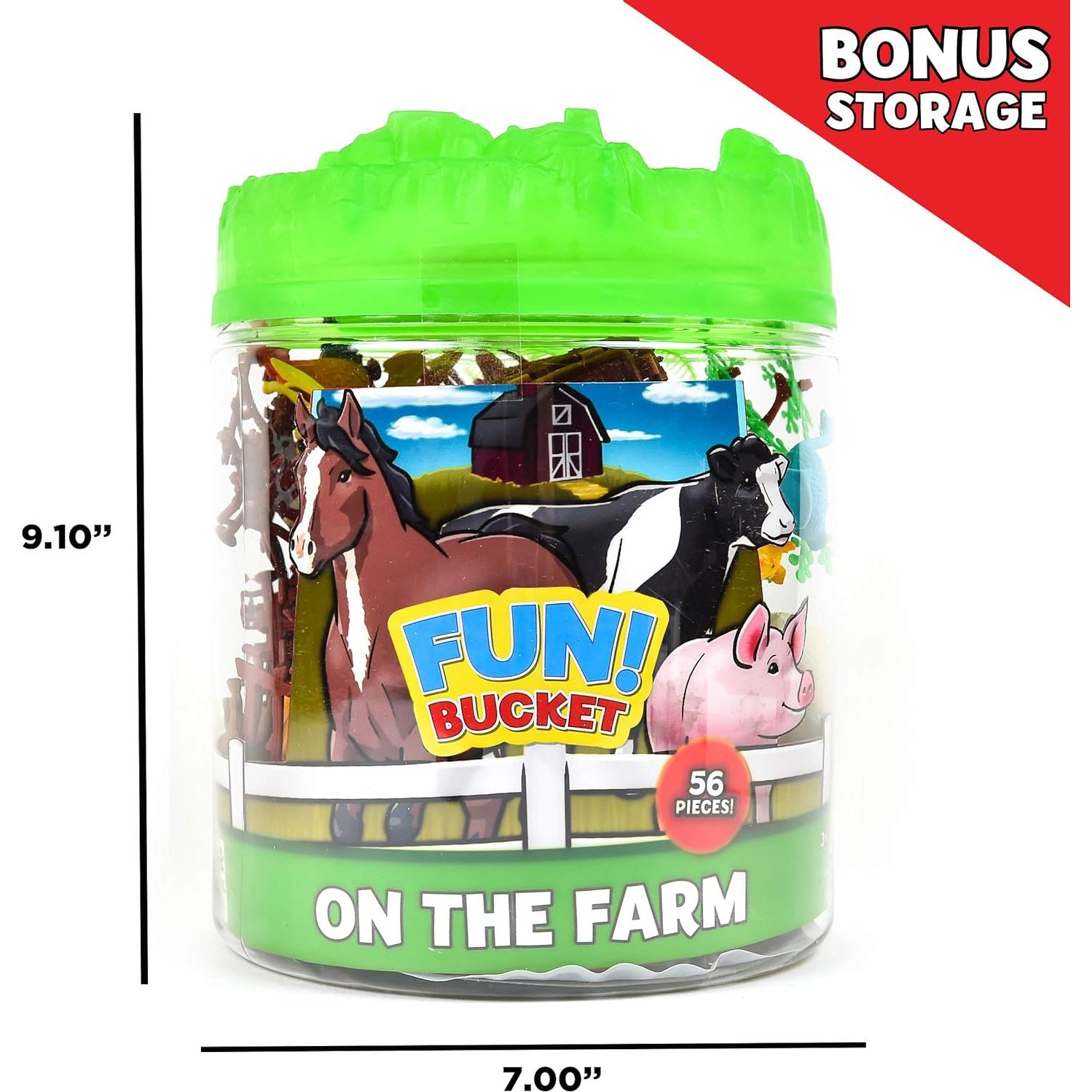 Sunny Days Entertainment Farm Animals Bucket – 56 Piece Toy Play Set for Kids | Horses and More Plastic Figures Playset with Storage Bucket