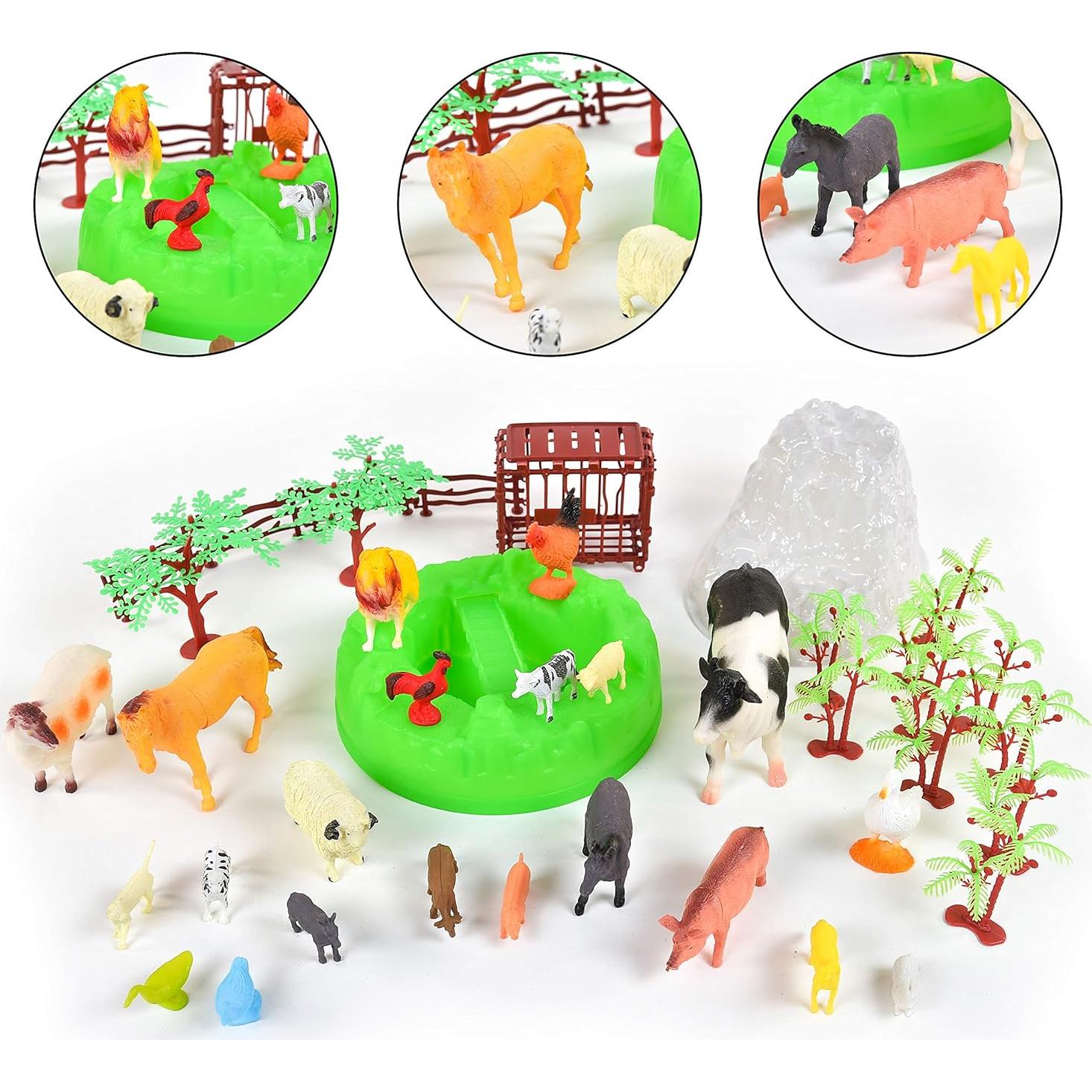 Sunny Days Entertainment Farm Animals Bucket – 56 Piece Toy Play Set for Kids | Horses and More Plastic Figures Playset with Storage Bucket
