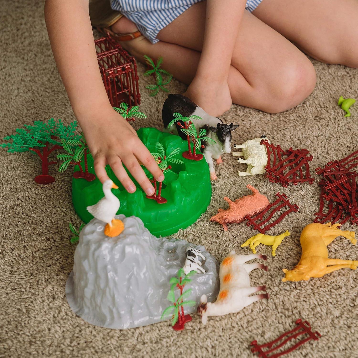 Sunny Days Entertainment Farm Animals Bucket – 56 Piece Toy Play Set for Kids | Horses and More Plastic Figures Playset with Storage Bucket