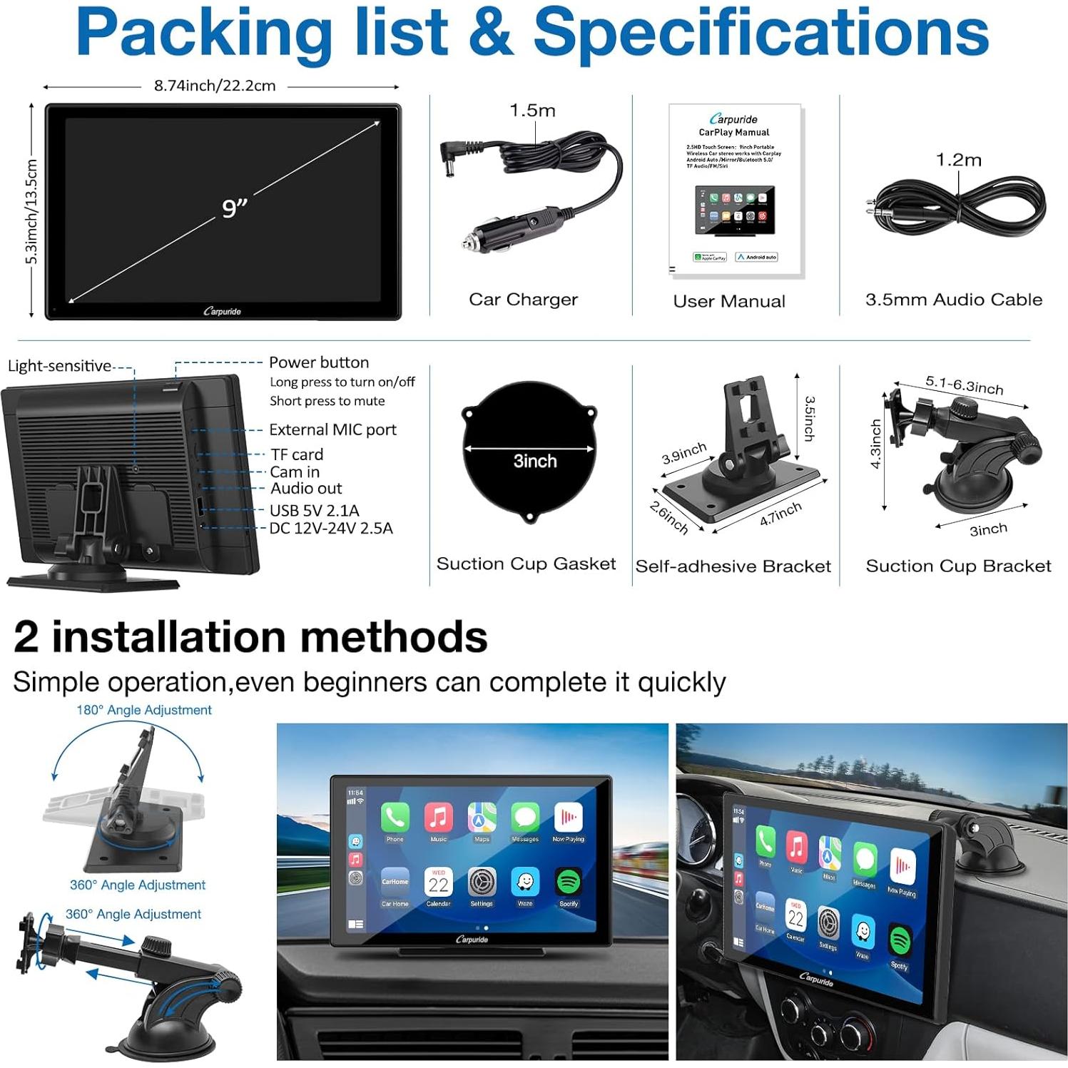 Estéreo Portátil Carpuride W901 Pro 9" Carplay Android Auto