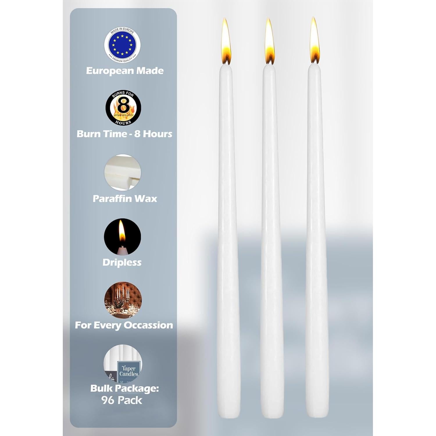 Velas Taper Altas Hyoola 10 Pulgadas Blancas Sin Aroma - 96 Unidades