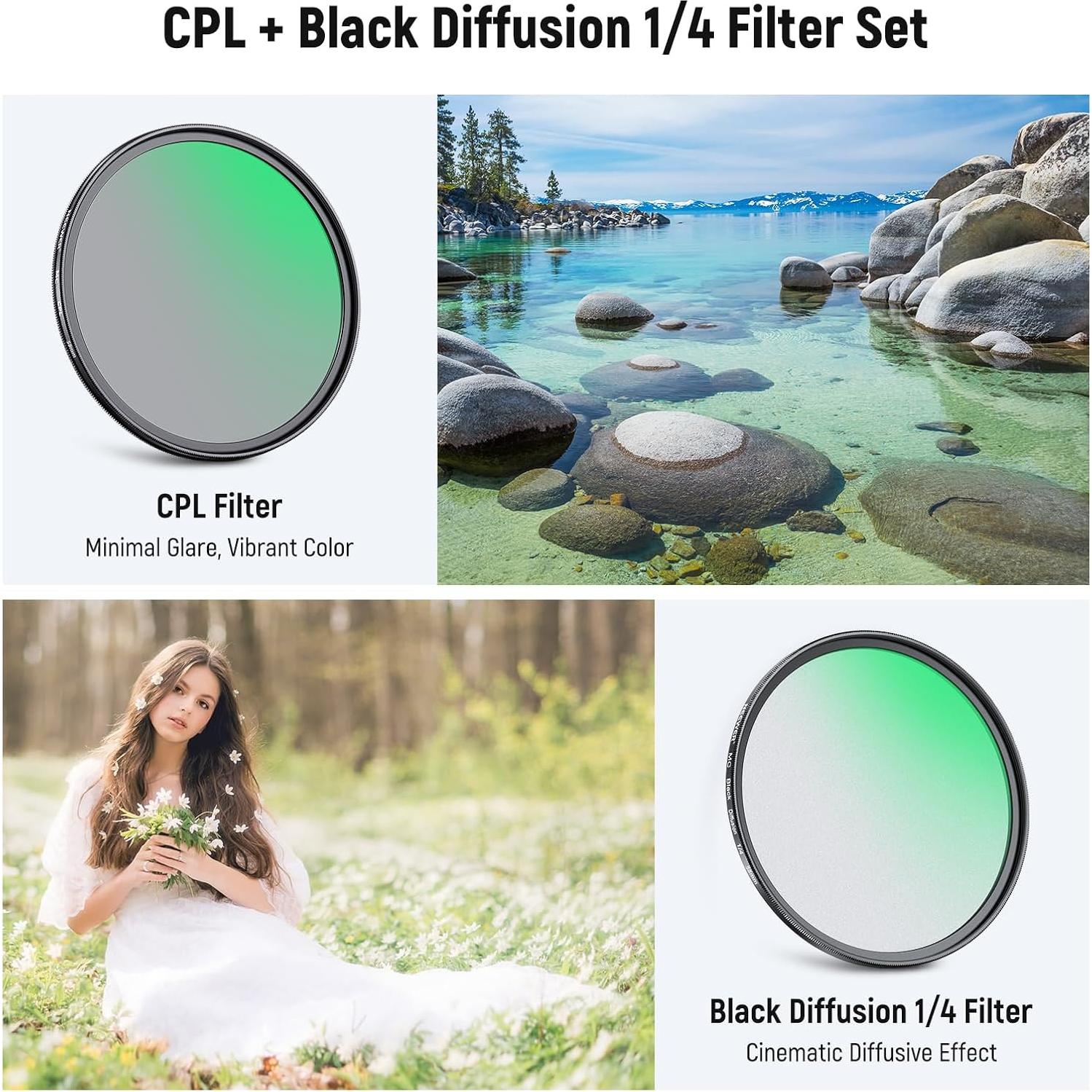 Filtro CPL 58mm NEEWER + Difusión Negra 1/4 - Pack 2