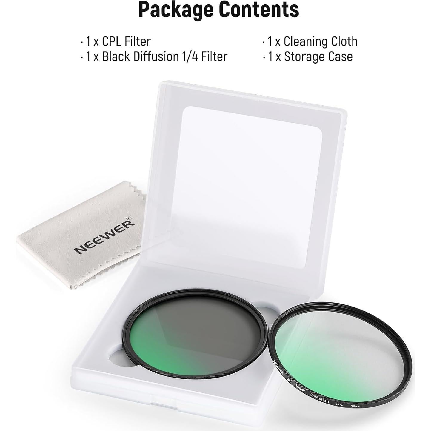 Filtro CPL 58mm NEEWER + Difusión Negra 1/4 - Pack 2