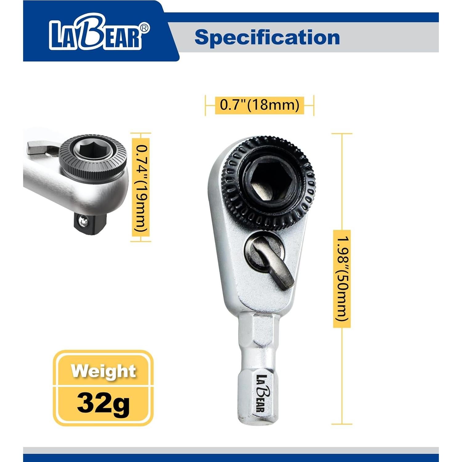Llave de Trinquete Mini LABEAR 1/4" Hexagonal Acero 5.08cm