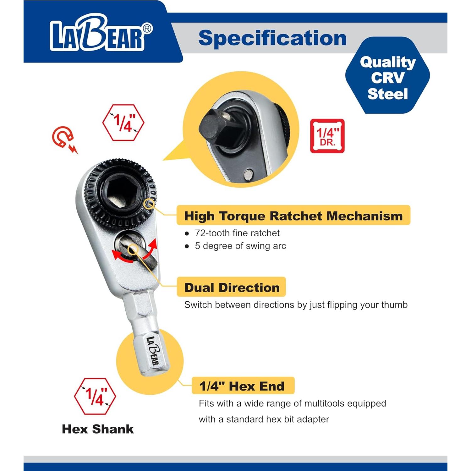 Llave de Trinquete Mini LABEAR 1/4" Hexagonal Acero 5.08cm
