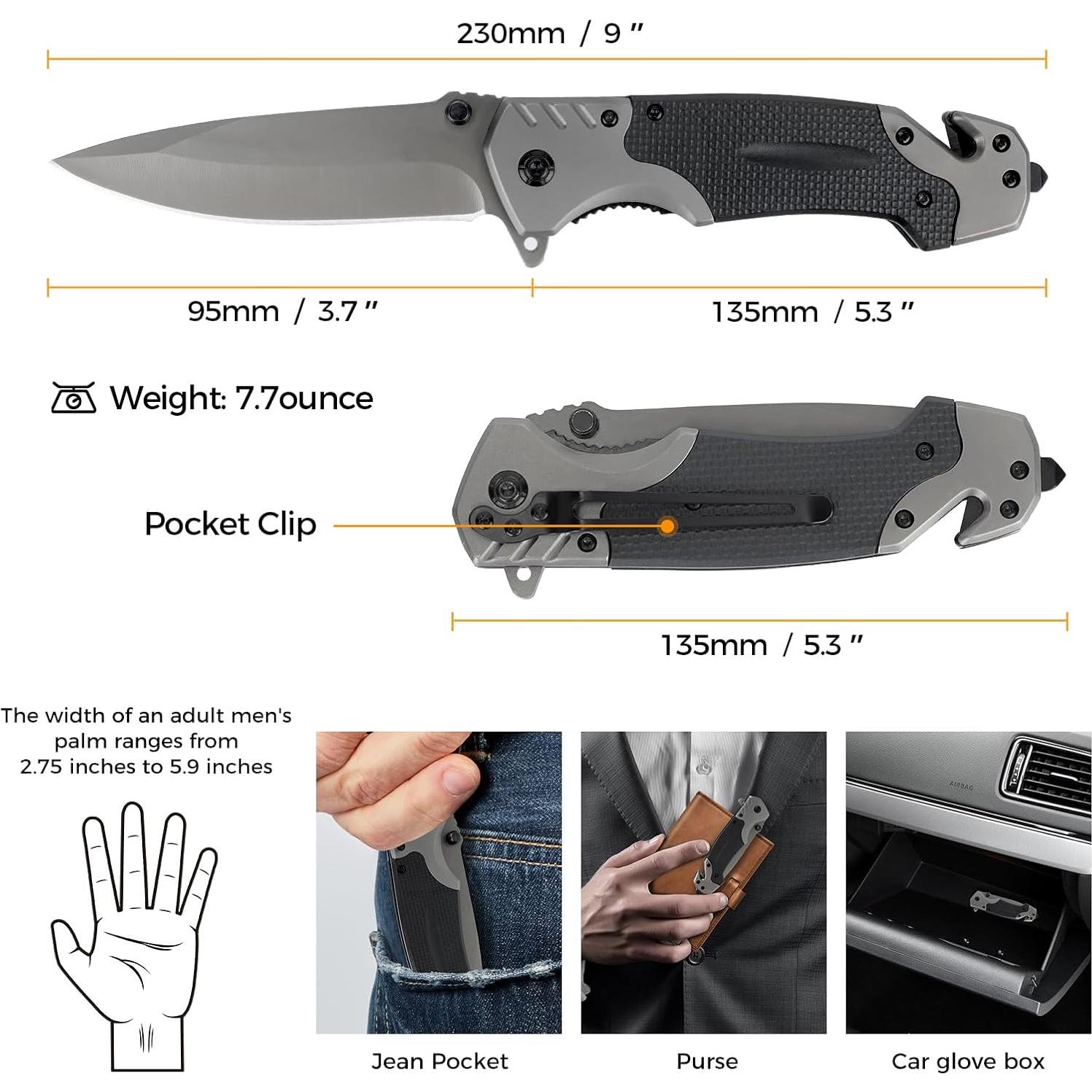 Cuchillo de bolsillo NRONON 3 en 1 con rompevidrios y cortador