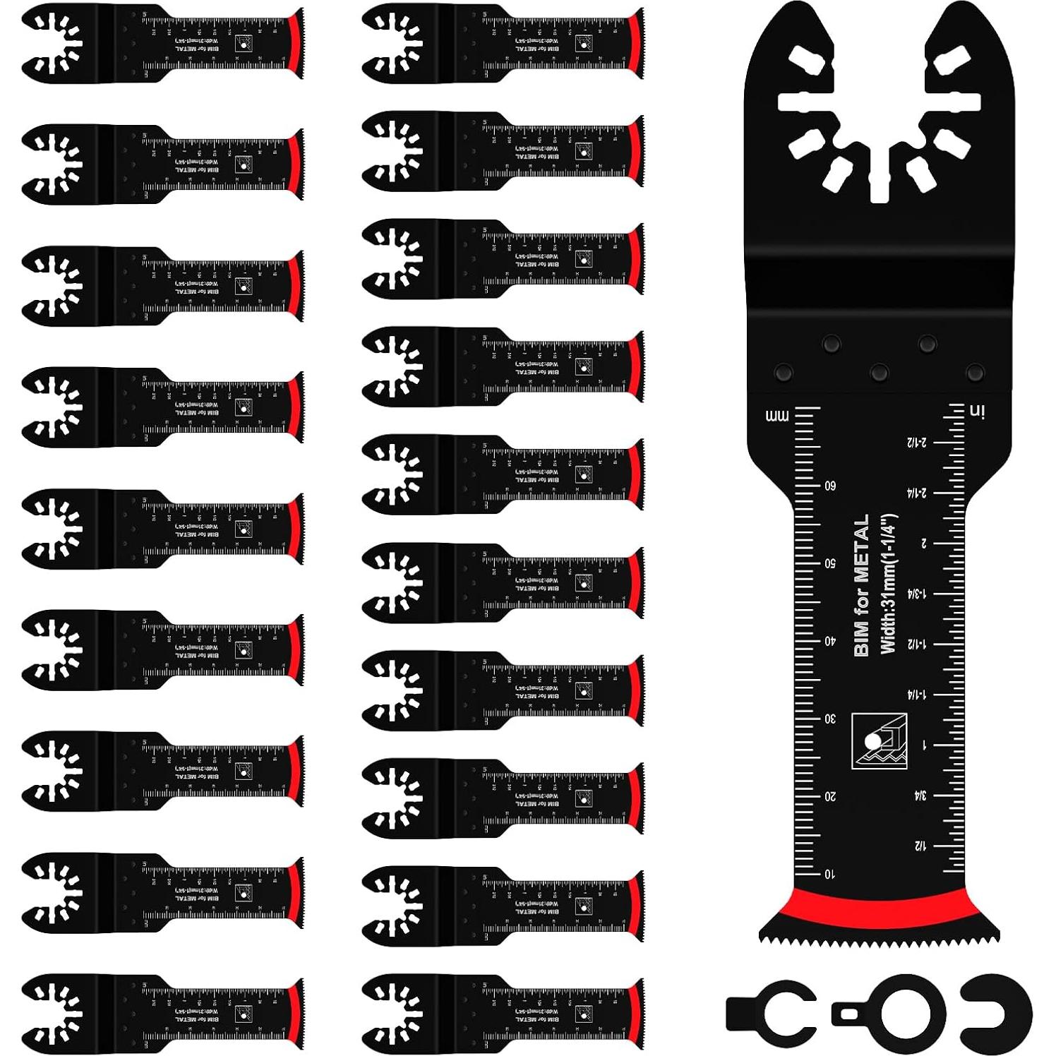 20Pcs Bi-Metal Oscillating Saw Blades Universal Oscillating Multitool Blades with 3 Spacer Adapters Arc Edge Multitool Cutting Blades Kit for Soft Metal Hardwood US(20pcs)