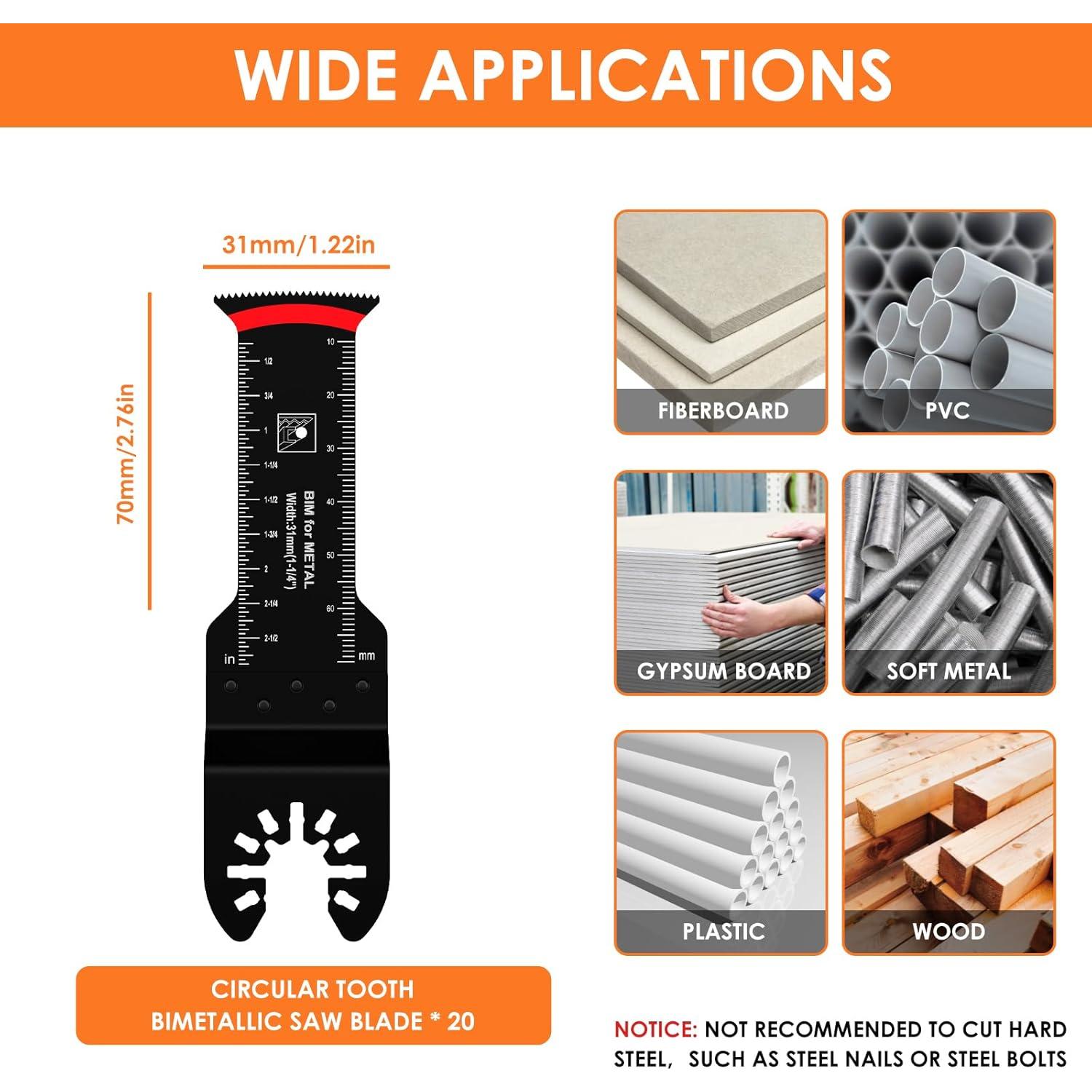 20Pcs Bi-Metal Oscillating Saw Blades Universal Oscillating Multitool Blades with 3 Spacer Adapters Arc Edge Multitool Cutting Blades Kit for Soft Metal Hardwood US(20pcs)