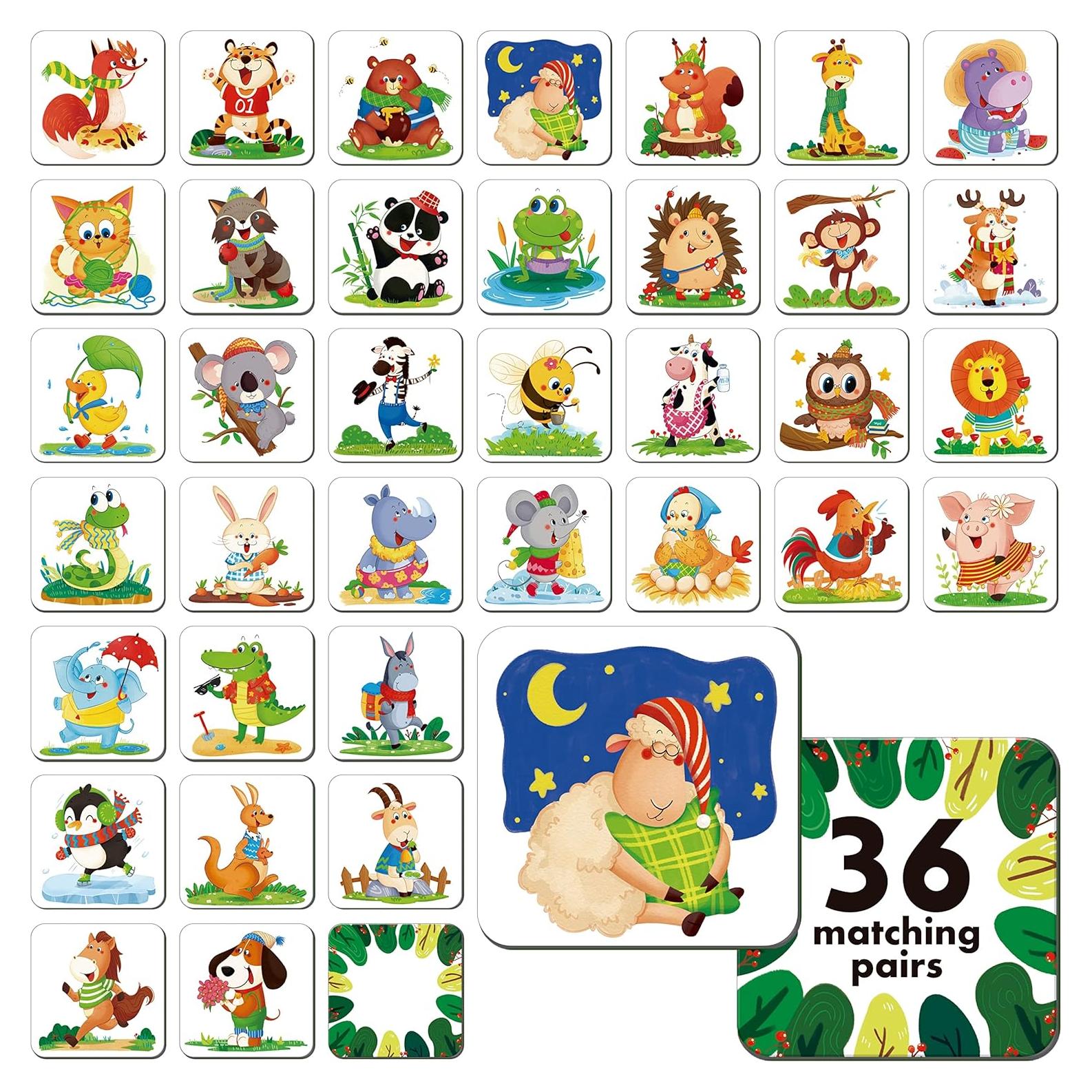 Juego de Memoria Hebayy 72 Tarjetas Animales Educativas