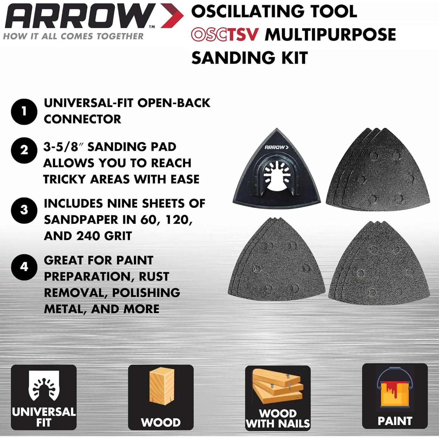 Kit de Lijado Multipropósito Arrow OSCTSV-1, 10 Piezas para Madera y Metal