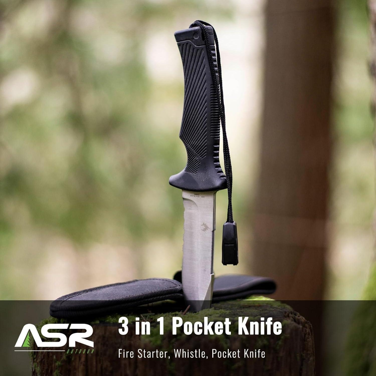 Cuchillo de Camping ASR Outdoor 3 en 1 con Encendedor y Silbato