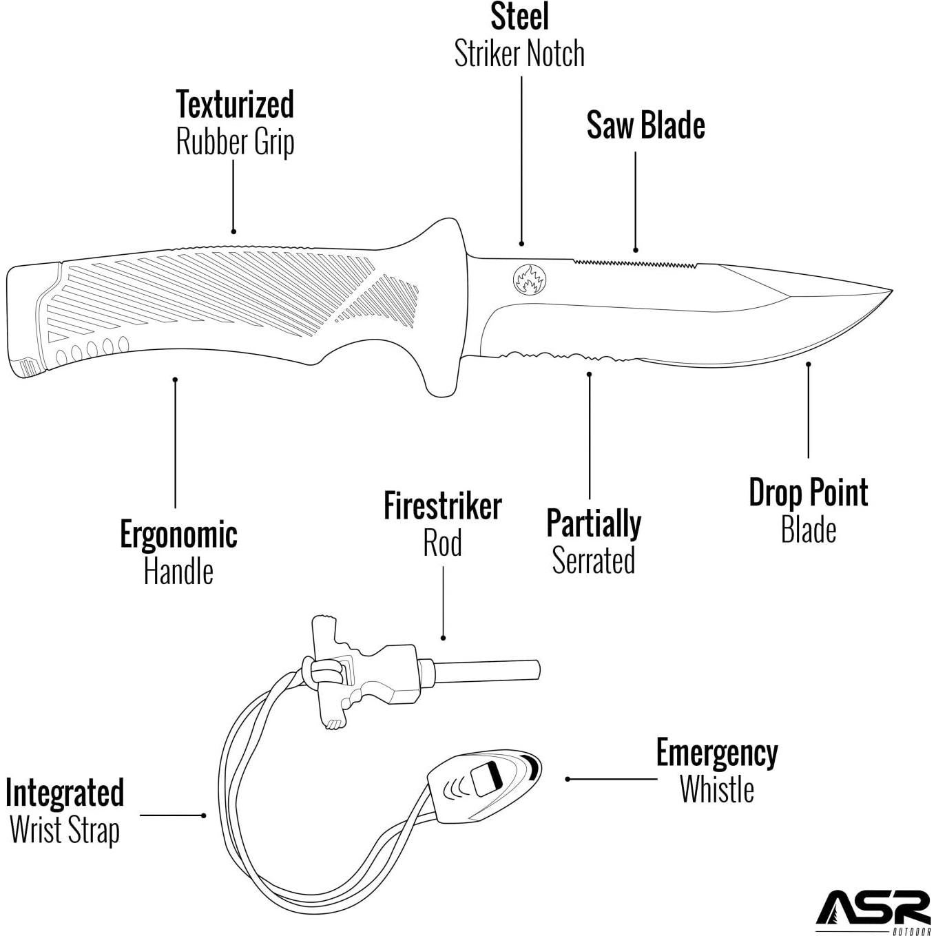 Cuchillo de Camping ASR Outdoor 3 en 1 con Encendedor y Silbato