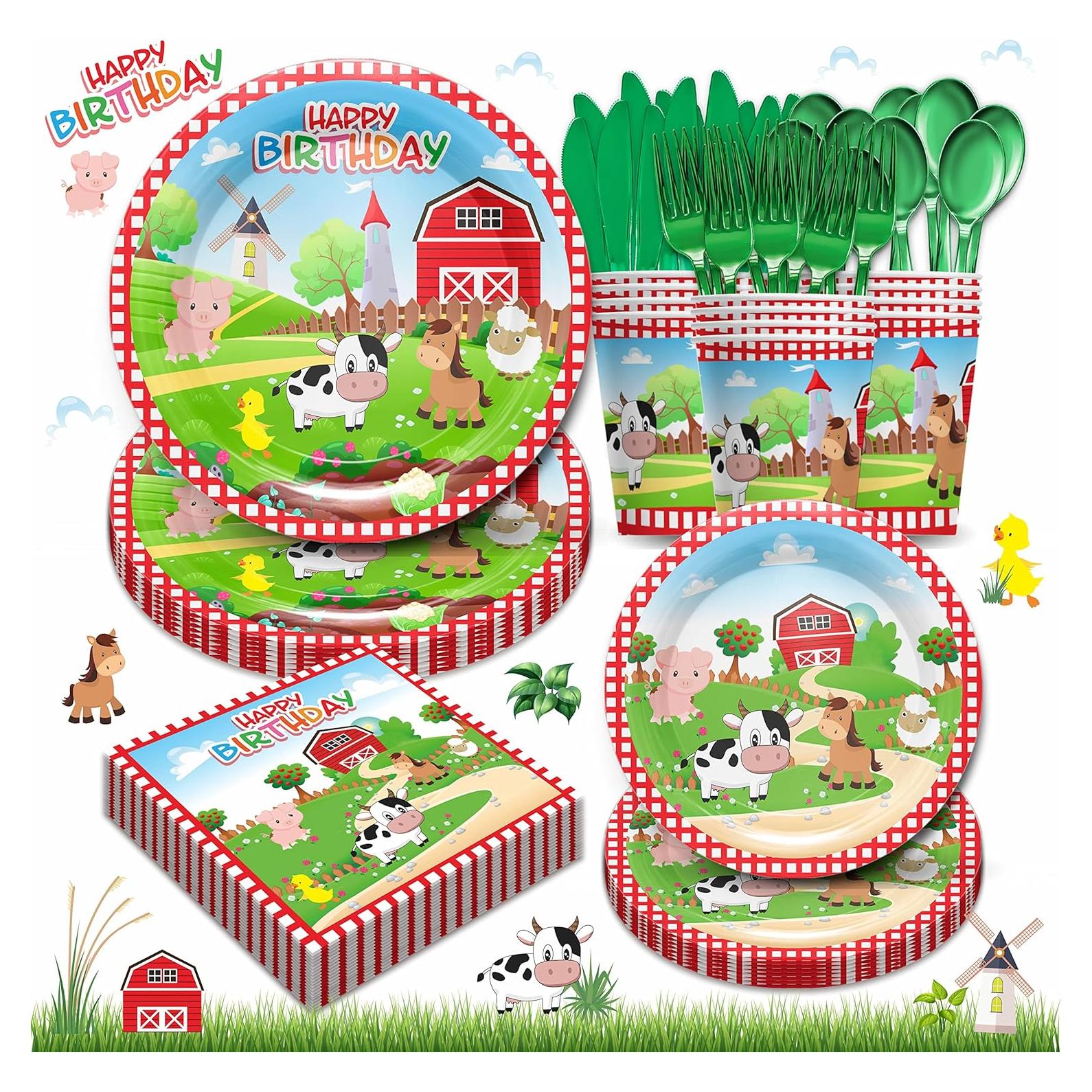 Kit de Fiesta de Cumpleaños Granja Piooluialy - 24 Platos, Vasos y Más