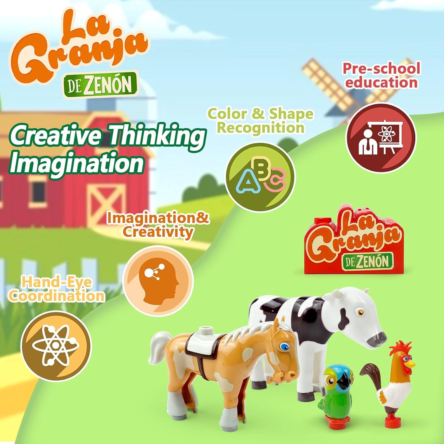 TOYMAKER La Granja de Zenon Bartolito Vaca Lola Farm Animal Dolls Toys for Ages 2-4 Building Block Figures Set with Spanish Music Box as Birthday for Kids