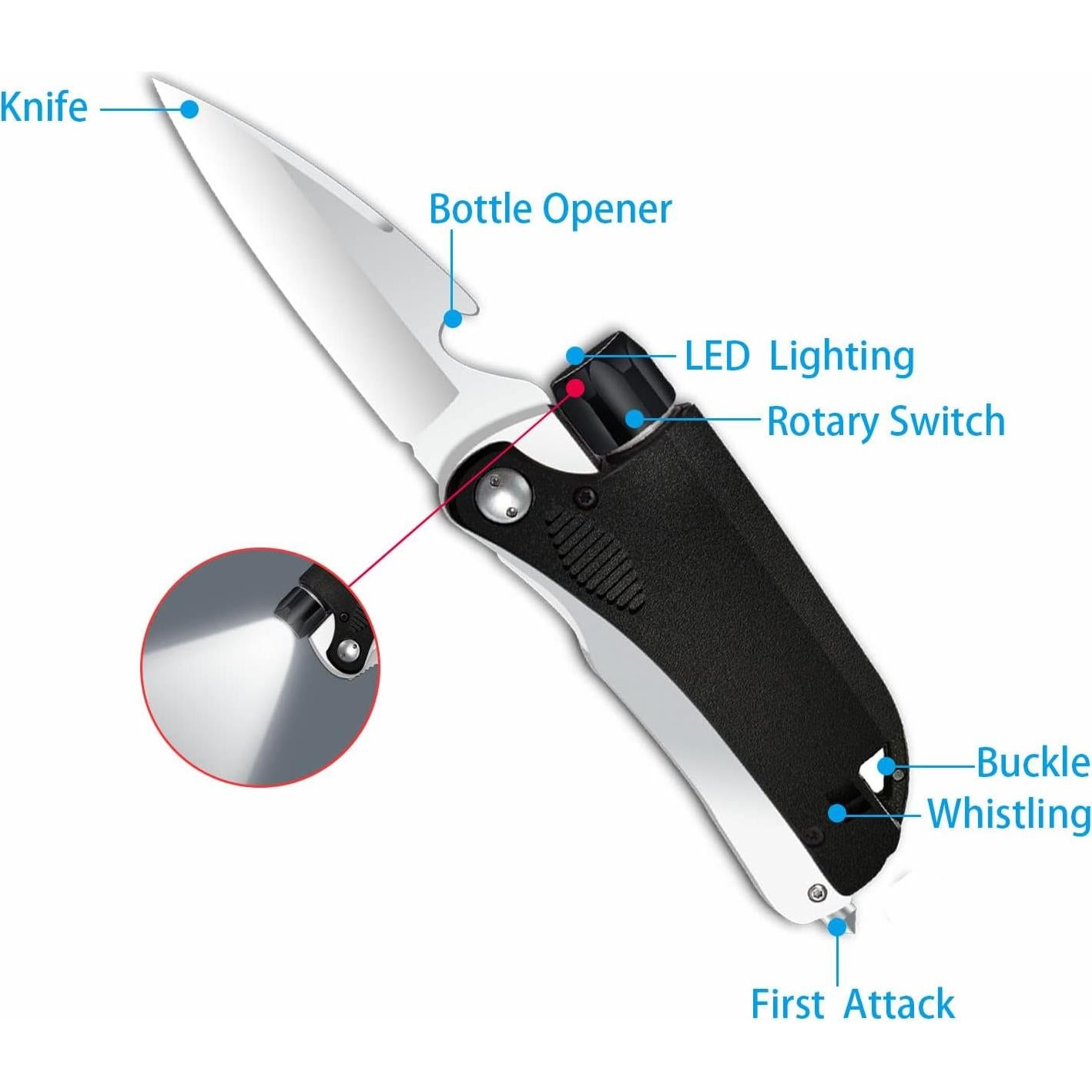 Linterna Mini 6 en 1 WELESHEI con Cuchillo y Abrebotellas