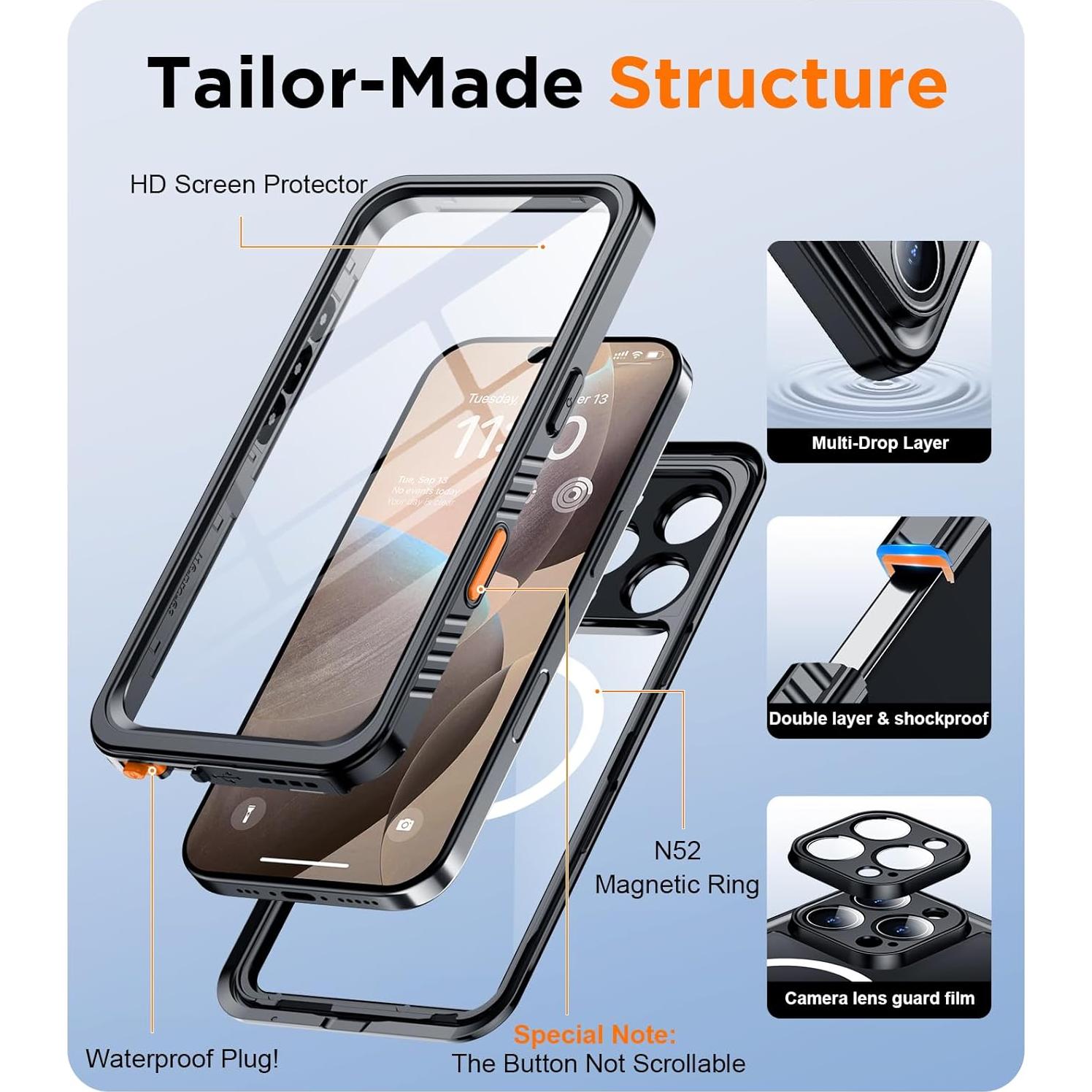 Funda Impermeable Temdan para iPhone 16 Pro Max - Negro