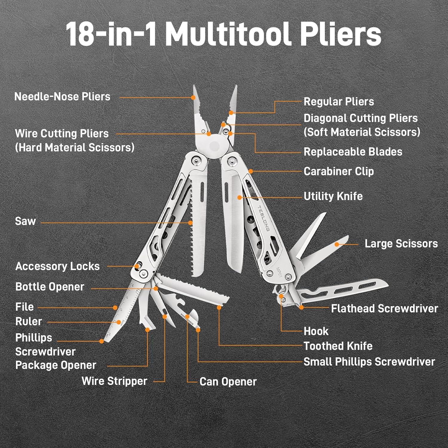 Multiherramienta 18-en-1 Teslong con Pinzas y Tijeras, Acero Inoxidable