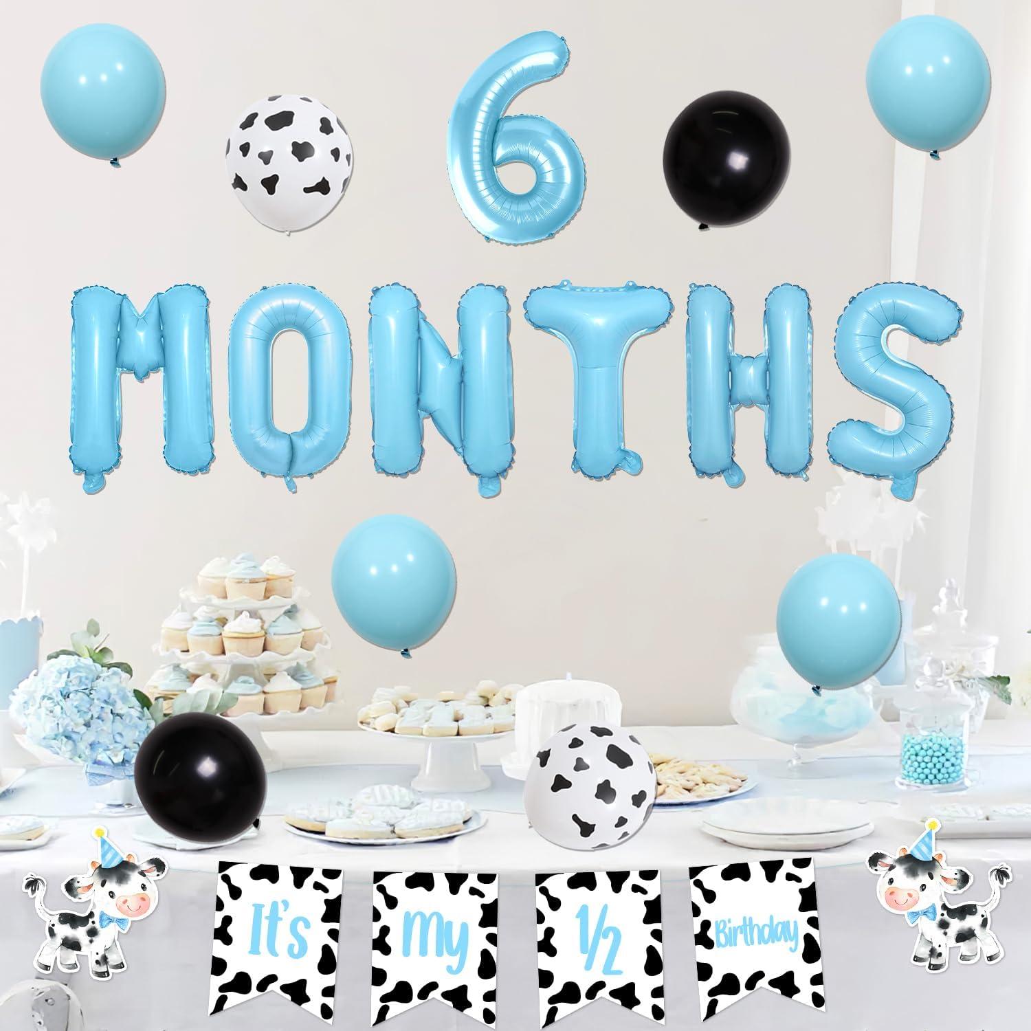 Decoración Fiesta Medio Cumpleaños Vaca Azul 6 Meses
