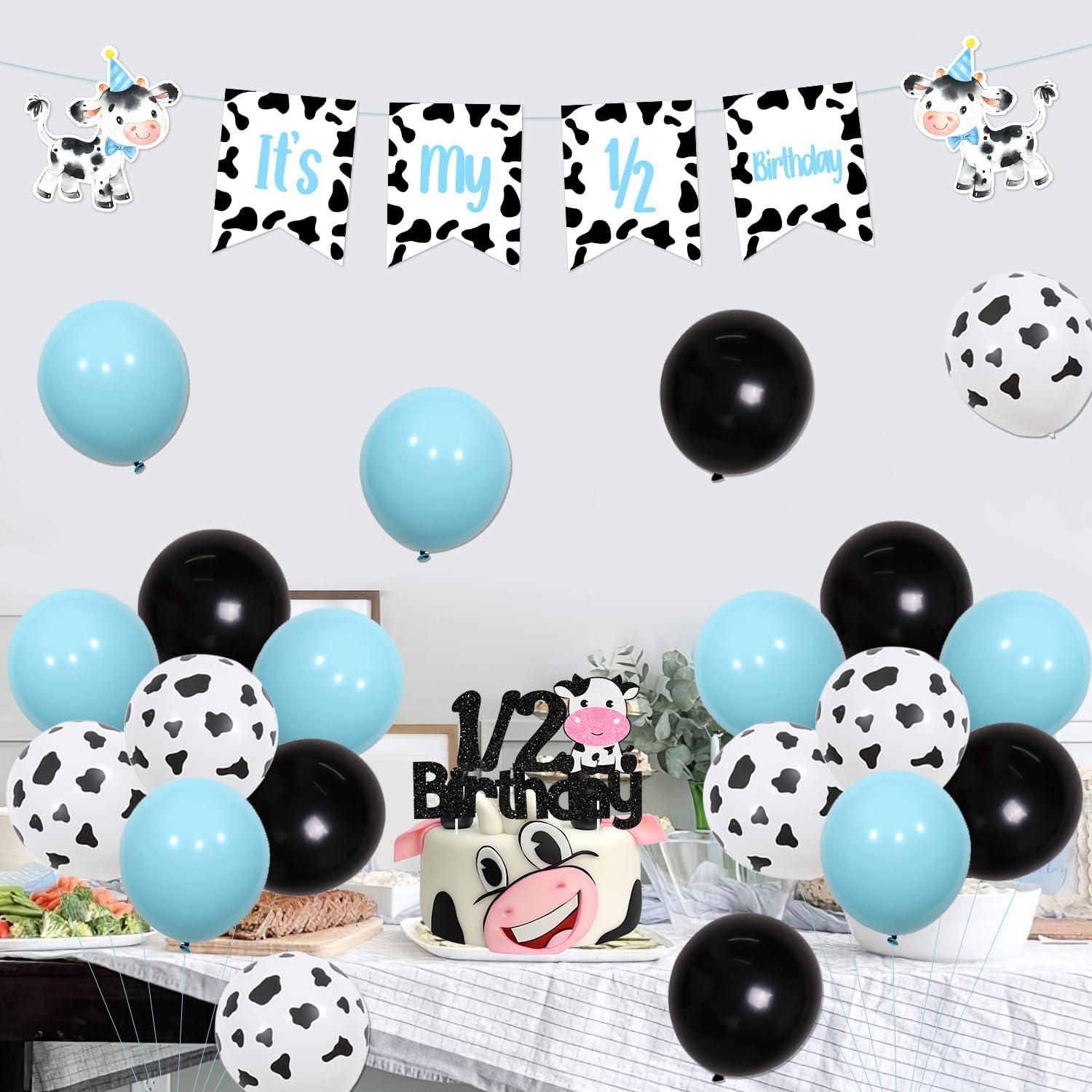 Decoración Fiesta Medio Cumpleaños Vaca Azul 6 Meses