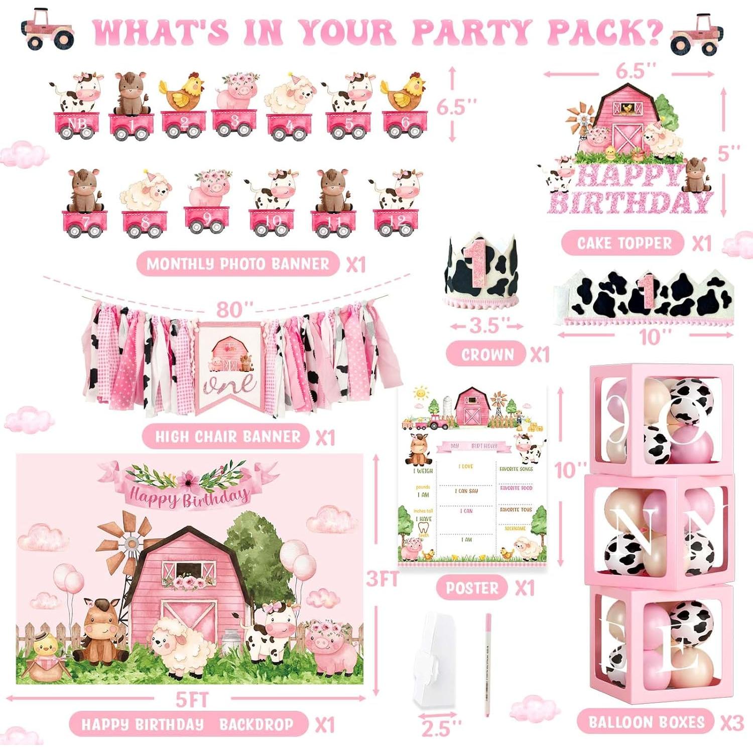 Decoraciones de Fiesta de Granja 1er Cumpleaños Niña 131 Pcs