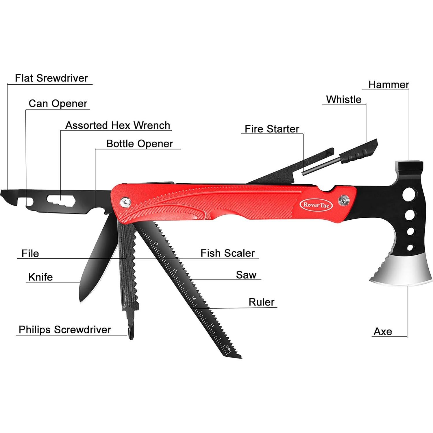 Hacha Multiherramienta RoverTac 14-en-1 para Camping y Supervivencia