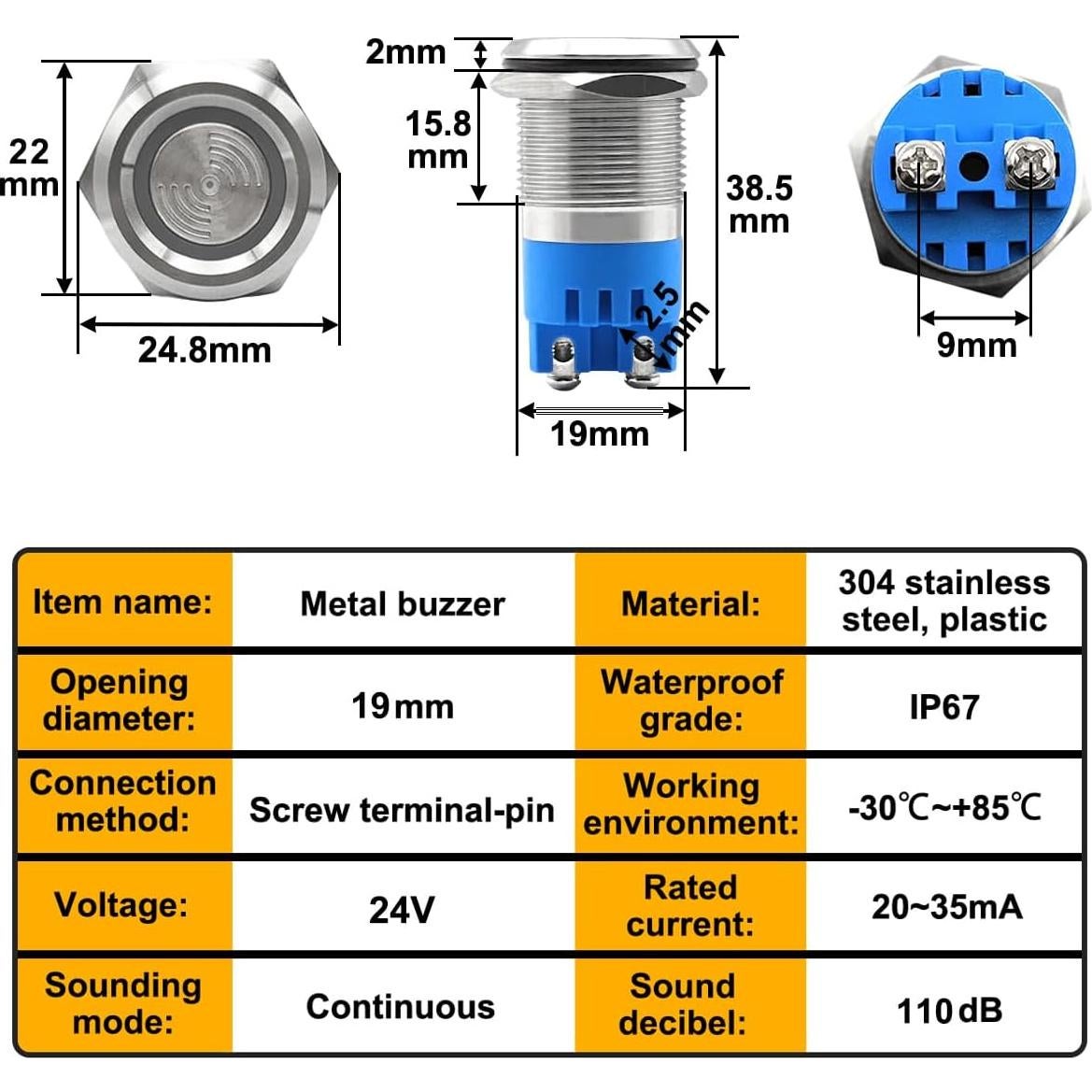 Zumbador Electrónico 24V HANSOO 19mm IP67 110dB Continuo
