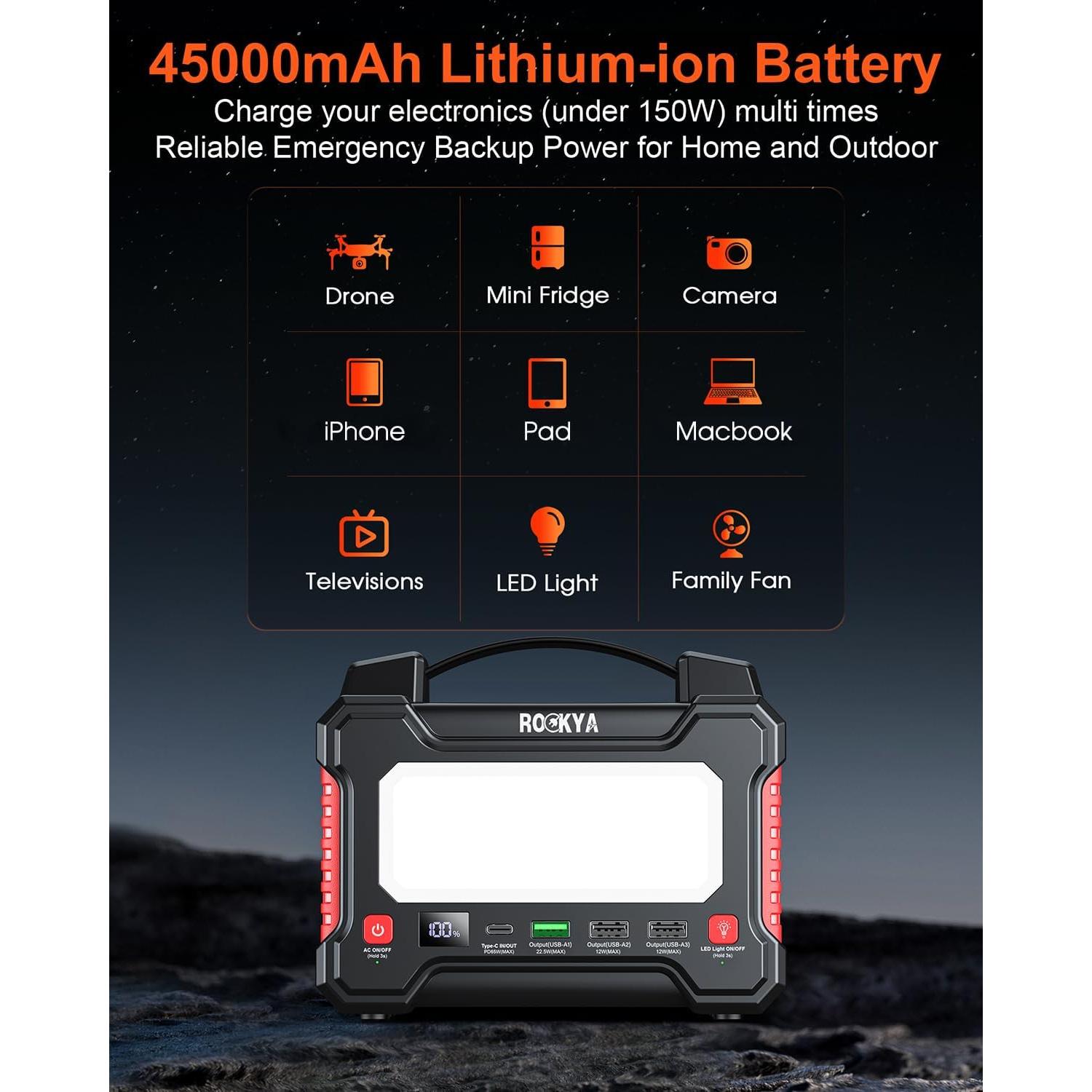 Estación de Energía Portátil ROCKYA 45000mAh 150W con Linterna