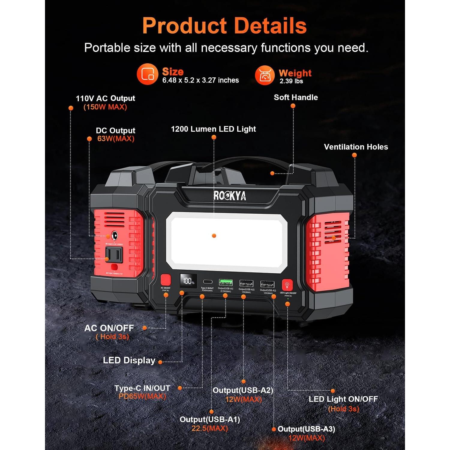 Estación de Energía Portátil ROCKYA 45000mAh 150W con Linterna