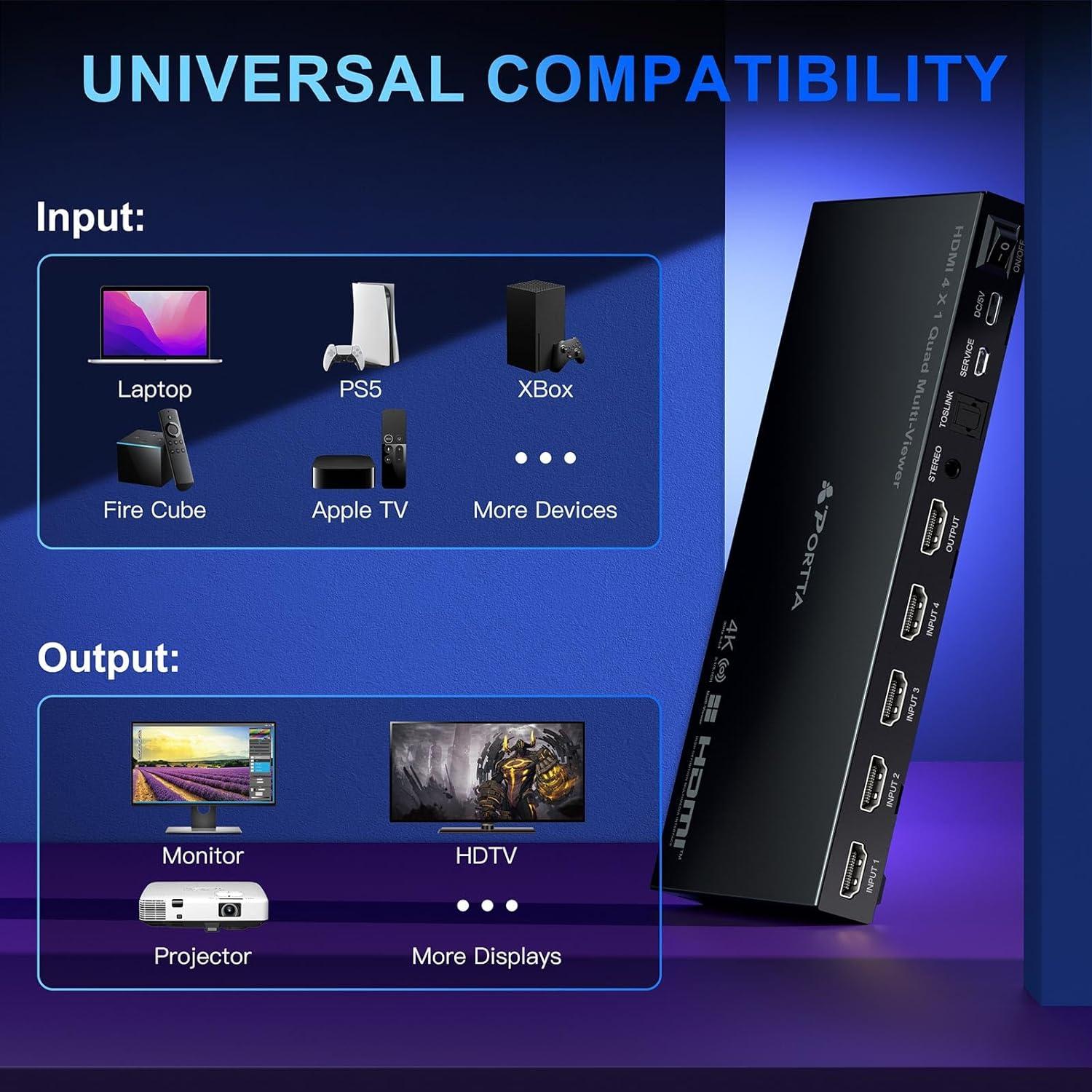 Conmutador HDMI 4K 4x1 PORTTA con PIP y Audio 3.5mm