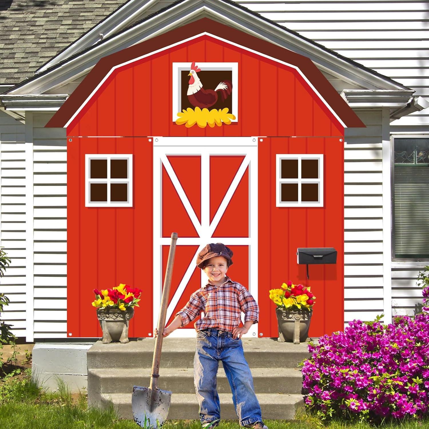 4Pcs Farm Animal Party Porch Banner Farm Birthday Party Decoration Barn Door Cover Hanging Banner Barnyard Awning Backdrop for Animal Birthday Photo Booth Props Supplies