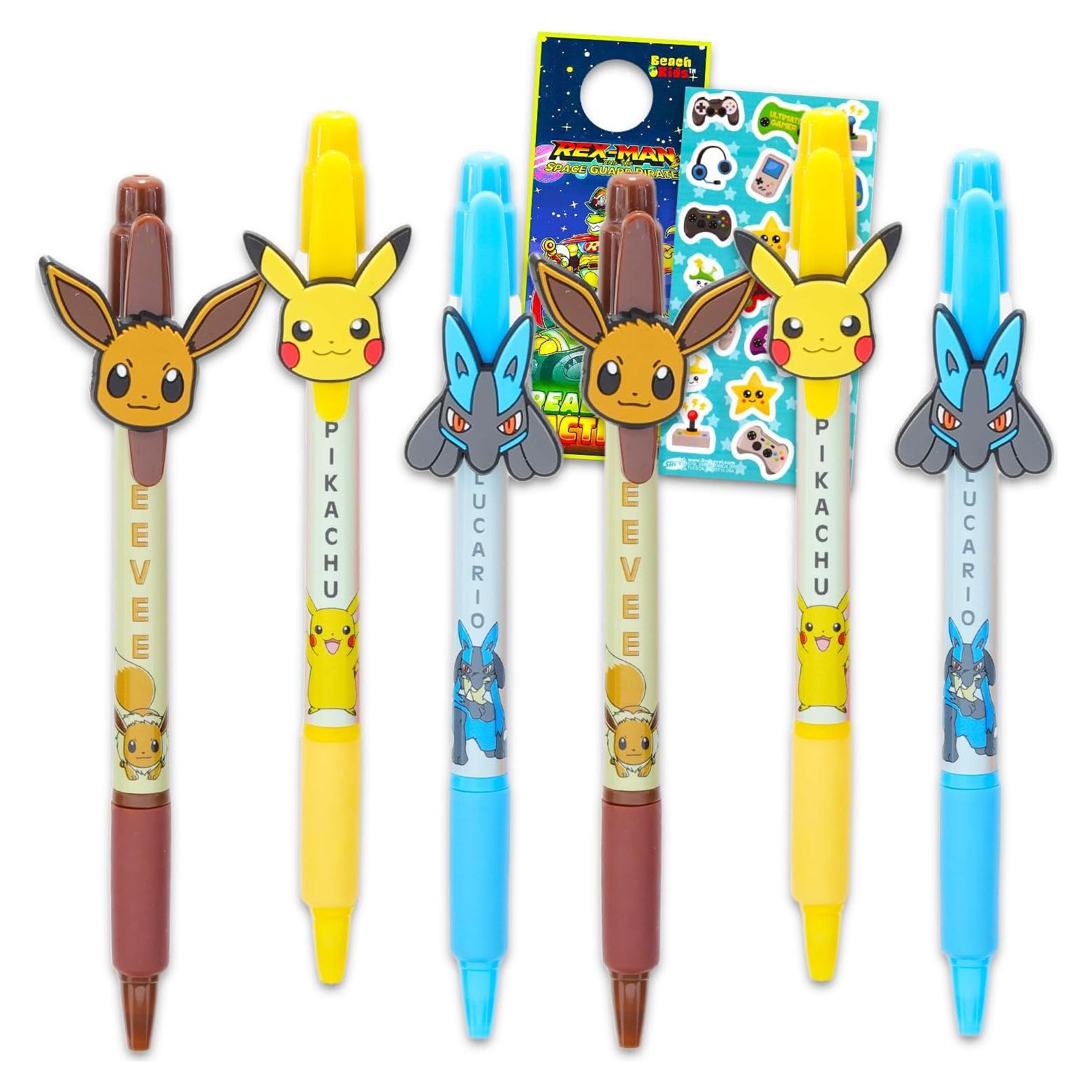 Juego de 6 Bolígrafos Pokémon Nintendo - Pikachu, Eevee, Lucario