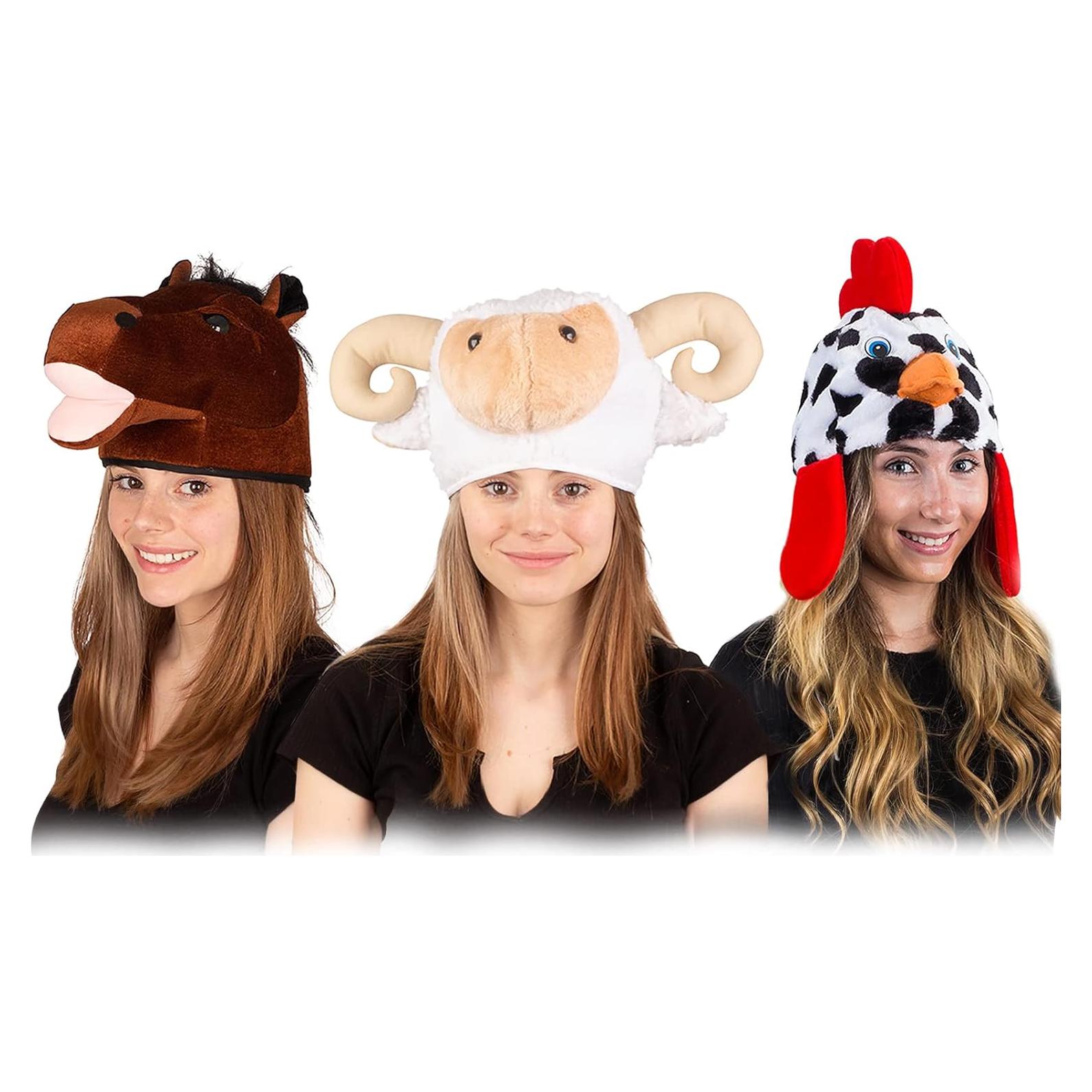 Tigerdoe Farm Animal Hats Set - Animal Costume Hat - Farm Dress Up - Plush Rooster, Horse, Sheep - 3 Pc Set