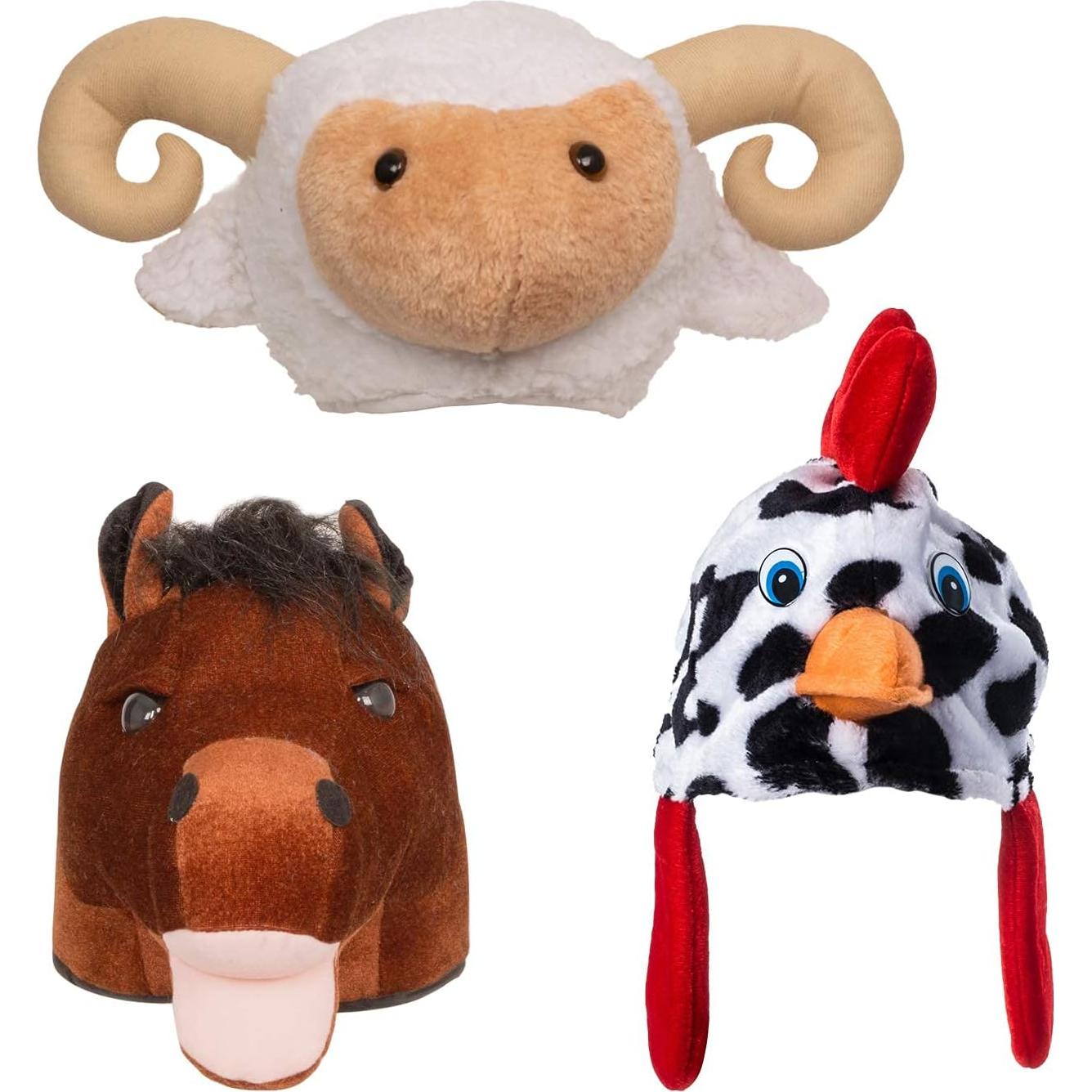 Tigerdoe Farm Animal Hats Set - Animal Costume Hat - Farm Dress Up - Plush Rooster, Horse, Sheep - 3 Pc Set