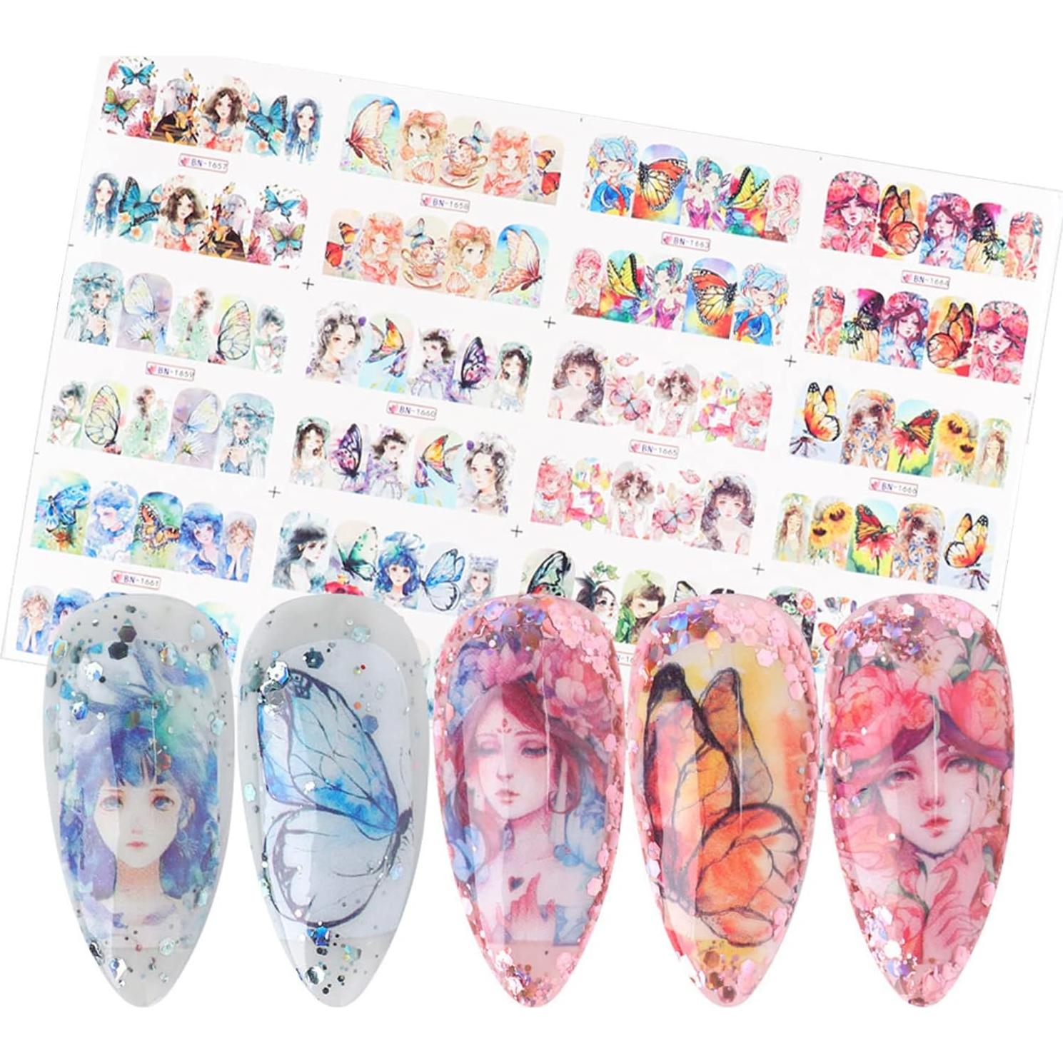 Calcomanías de Uñas TBRZTR 12 Hojas Mariposas y Dibujos Animados