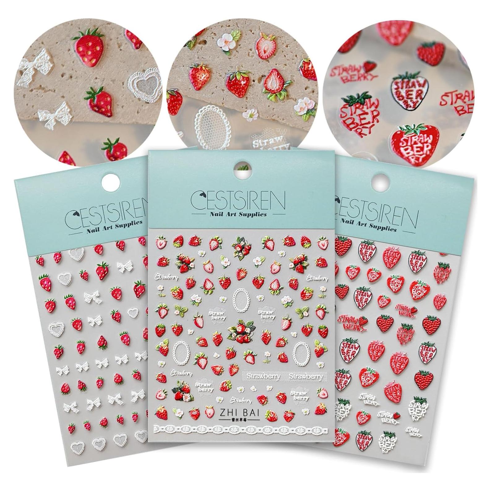 Calcomanías de Uñas 3D CESTSIREN Encaje de Fresa - 3 Hojas